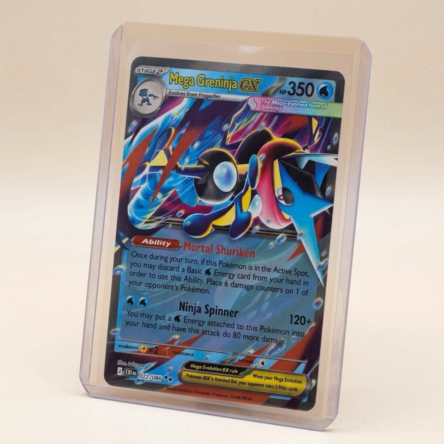 Chévereh Mega Greninja EX 322/086 Full Art textured holofoil Pokémon card from Temporal Forces in a protective sleeve.