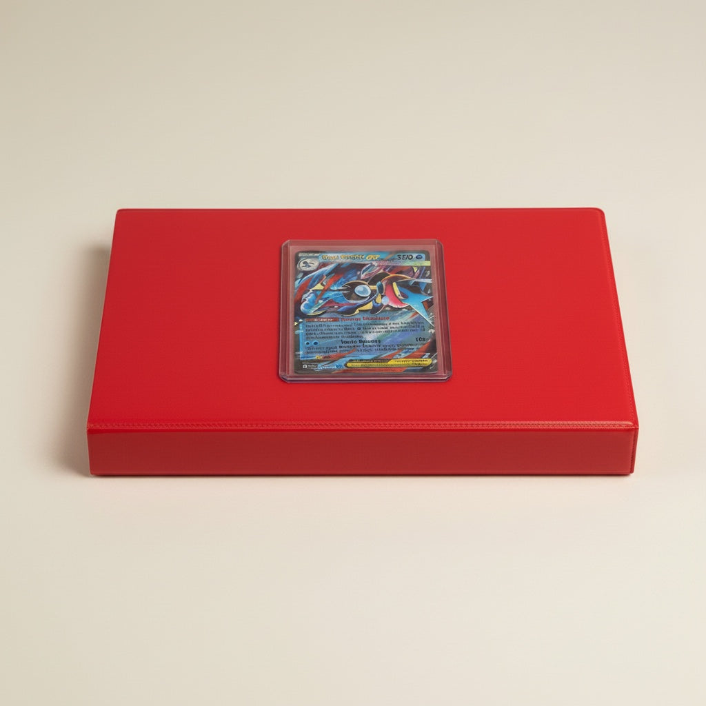 Chévereh Mega Greninja EX 322/086 Full Art Pokémon card in a protective sleeve resting on a vibrant red display case.