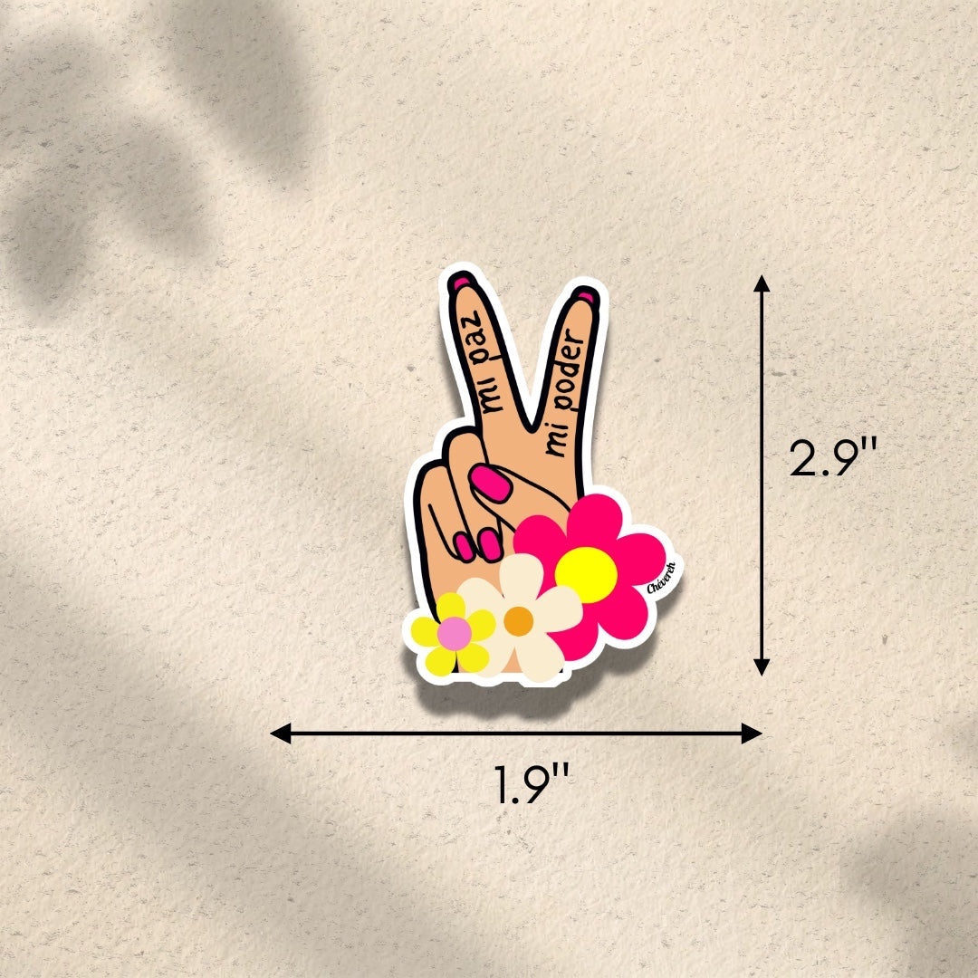 Chévereh Mi Paz Mi Poder vinyl sticker featuring a hand making a peace sign with colorful flowers and Spanish lettering.