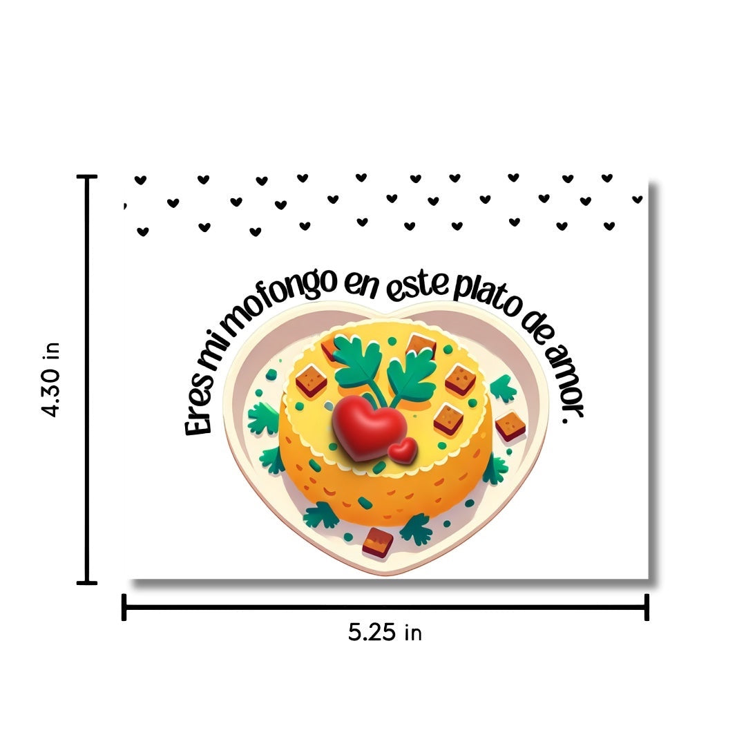 Chévereh Postcard featuring a cute cartoon of Puerto Rican mofongo topped with a red heart and parsley, with text "Eres mi mofongo en este plato de amor."