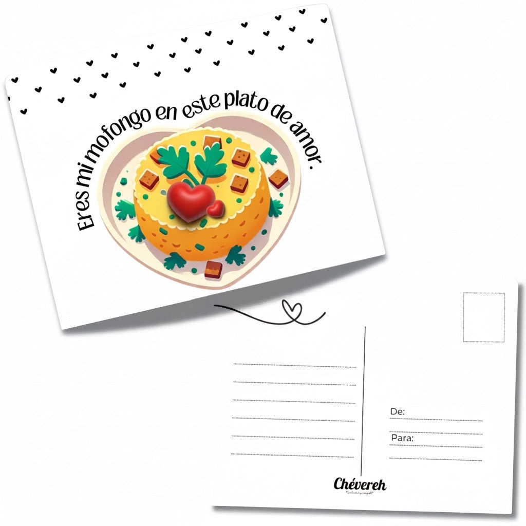 Chévereh Mofongo postcard with cute cartoon illustration of Puerto Rican dish topped with red hearts and parsley. Text reads "Eres mi mofongo en este plato de amor."