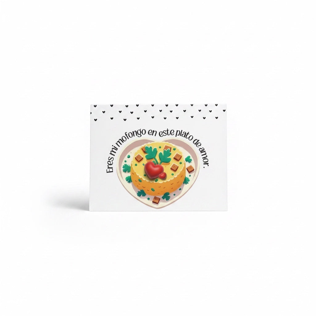 Chévereh Postcard featuring a cute cartoon mofongo dish on a heart-shaped plate with Spanish text "Eres mi mofongo en este plato de amor".
