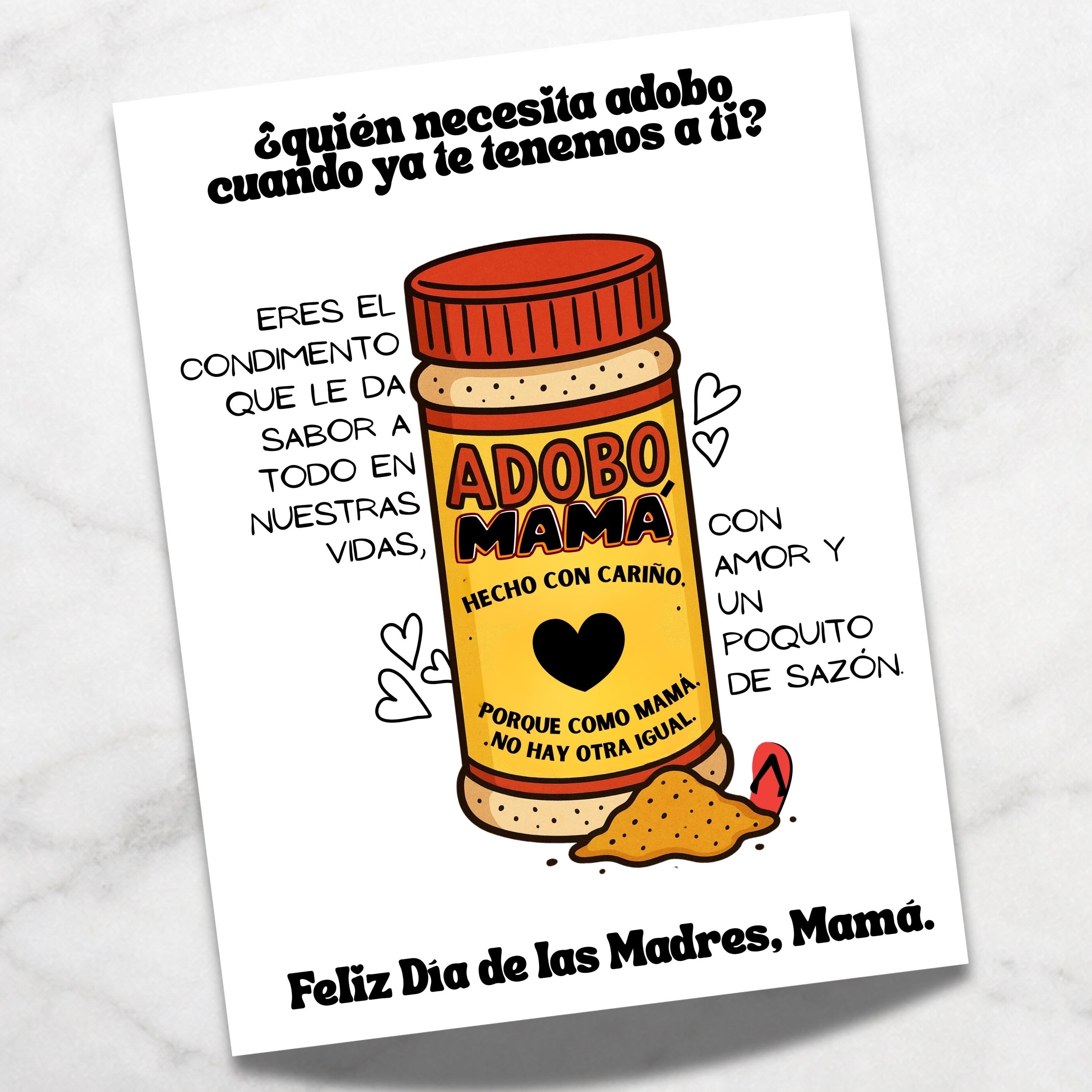 Chévereh Mother's Day card featuring an adobo seasoning bottle illustration with text in Spanish. Digital download.