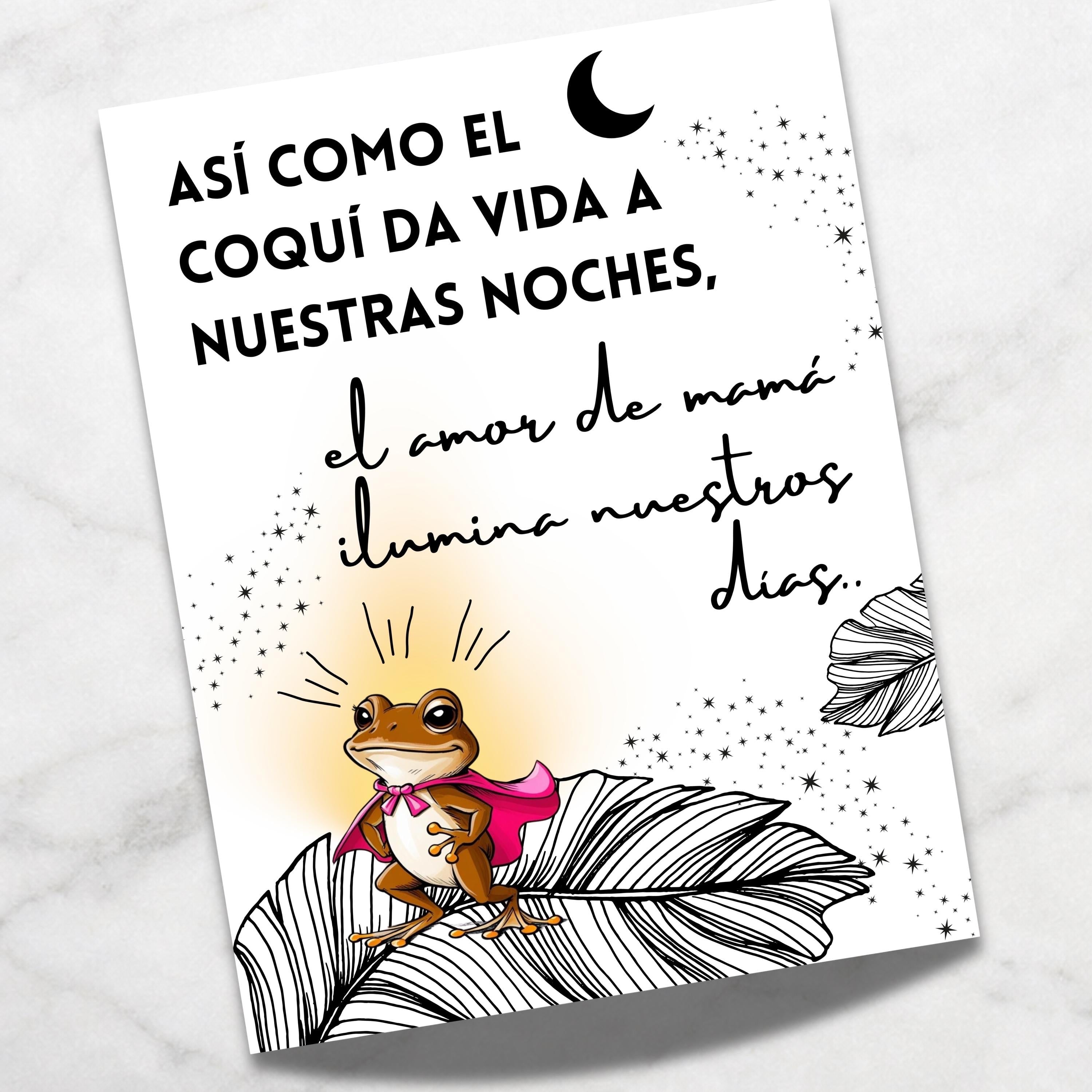 Chévereh Mother's Day card with a coquí frog wearing a pink cape and a bow, with Spanish text and starry night background.