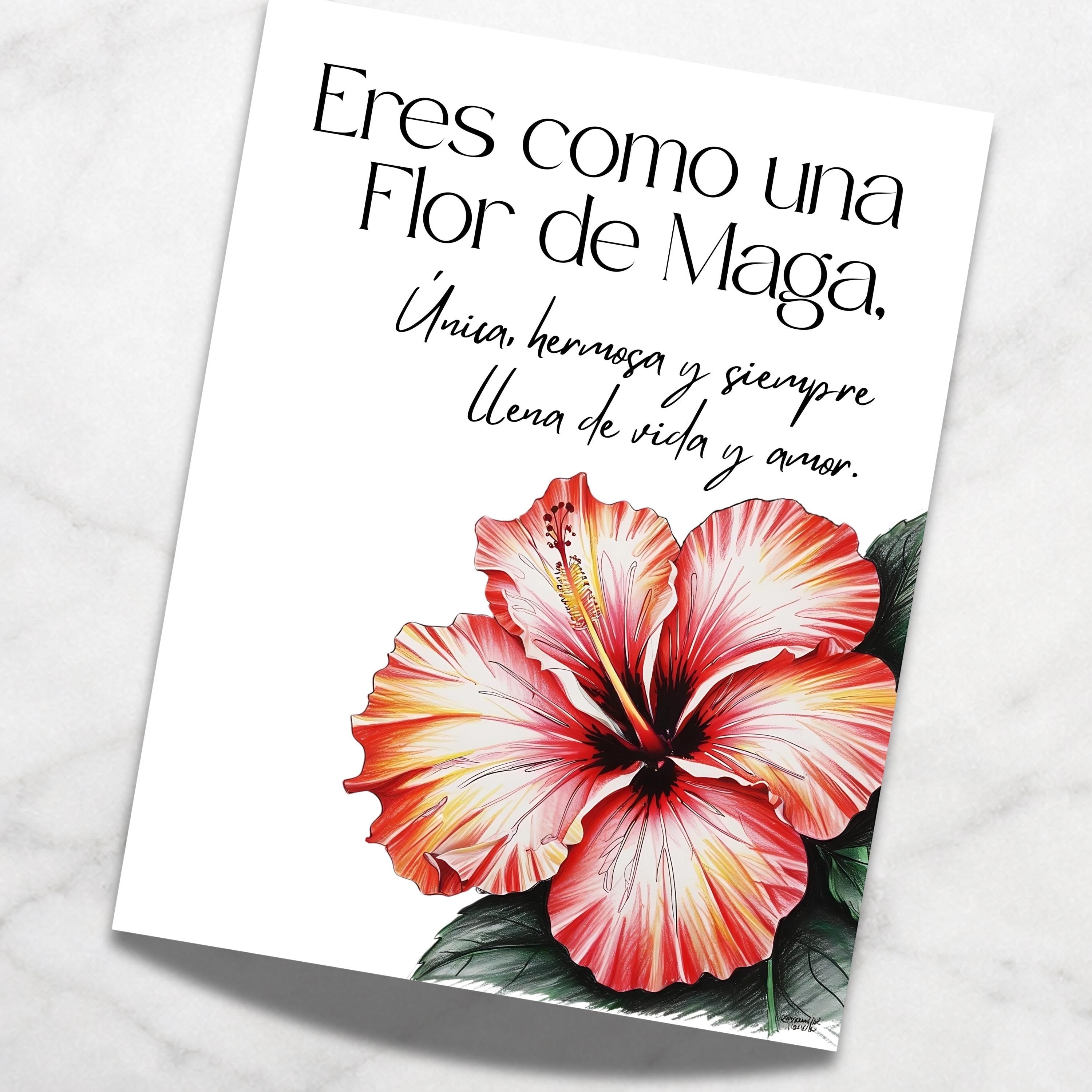 Chévereh Mother's Day card featuring a vibrant red and yellow hibiscus flower and Spanish text. Digital download.
