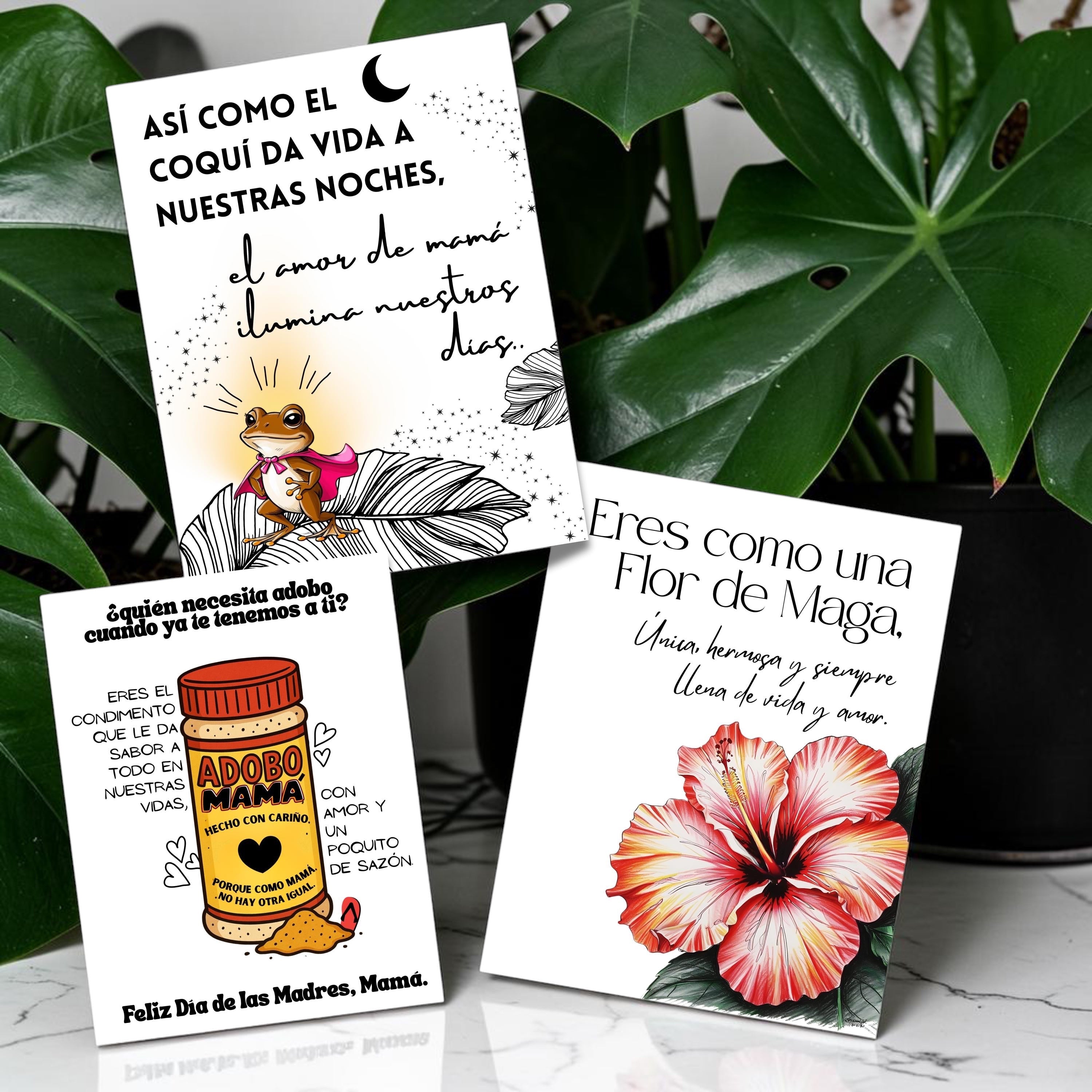 Chévereh Mother's Day digital card bundle featuring Boricua-style designs: coquí, adobo seasoning, and Flor de Maga hibiscus.