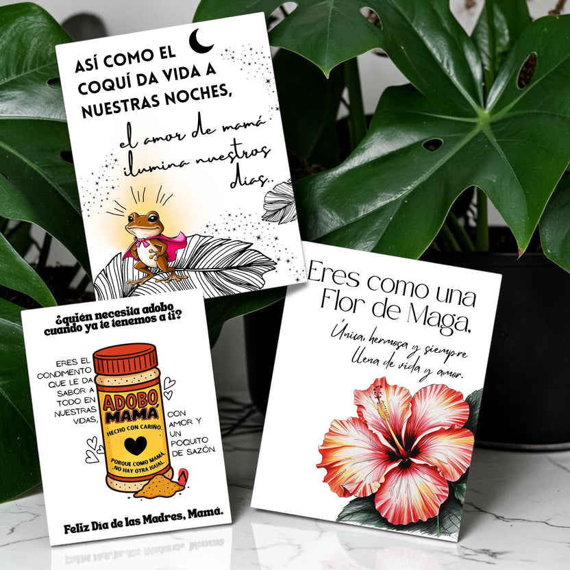 Chévereh Mother's Day digital card bundle featuring Boricua-style designs: coquí, adobo seasoning, and Flor de Maga hibiscus.