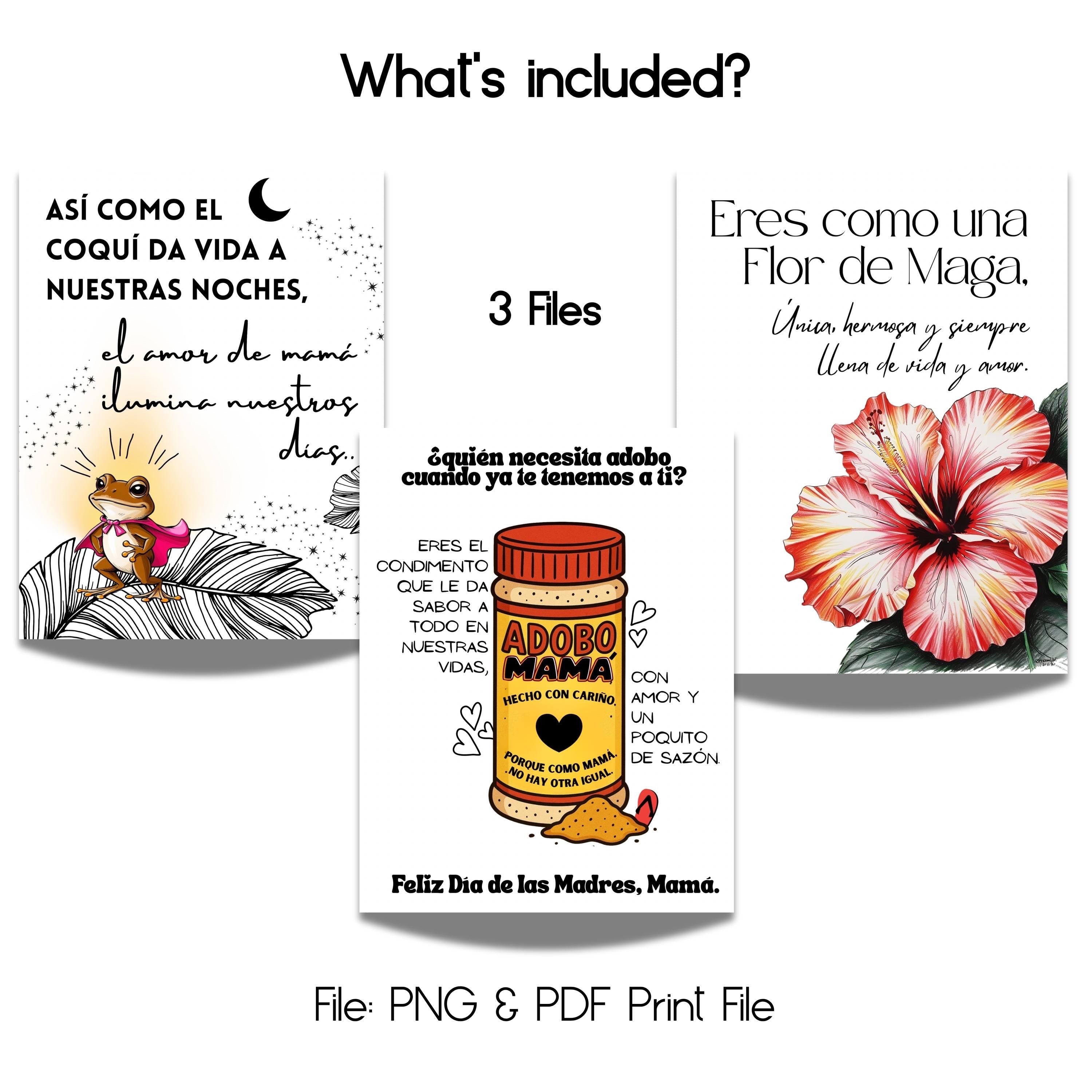 Chévereh Mother's Day digital card bundle featuring Boricua-style designs: coquí, adobo seasoning, and hibiscus flower.