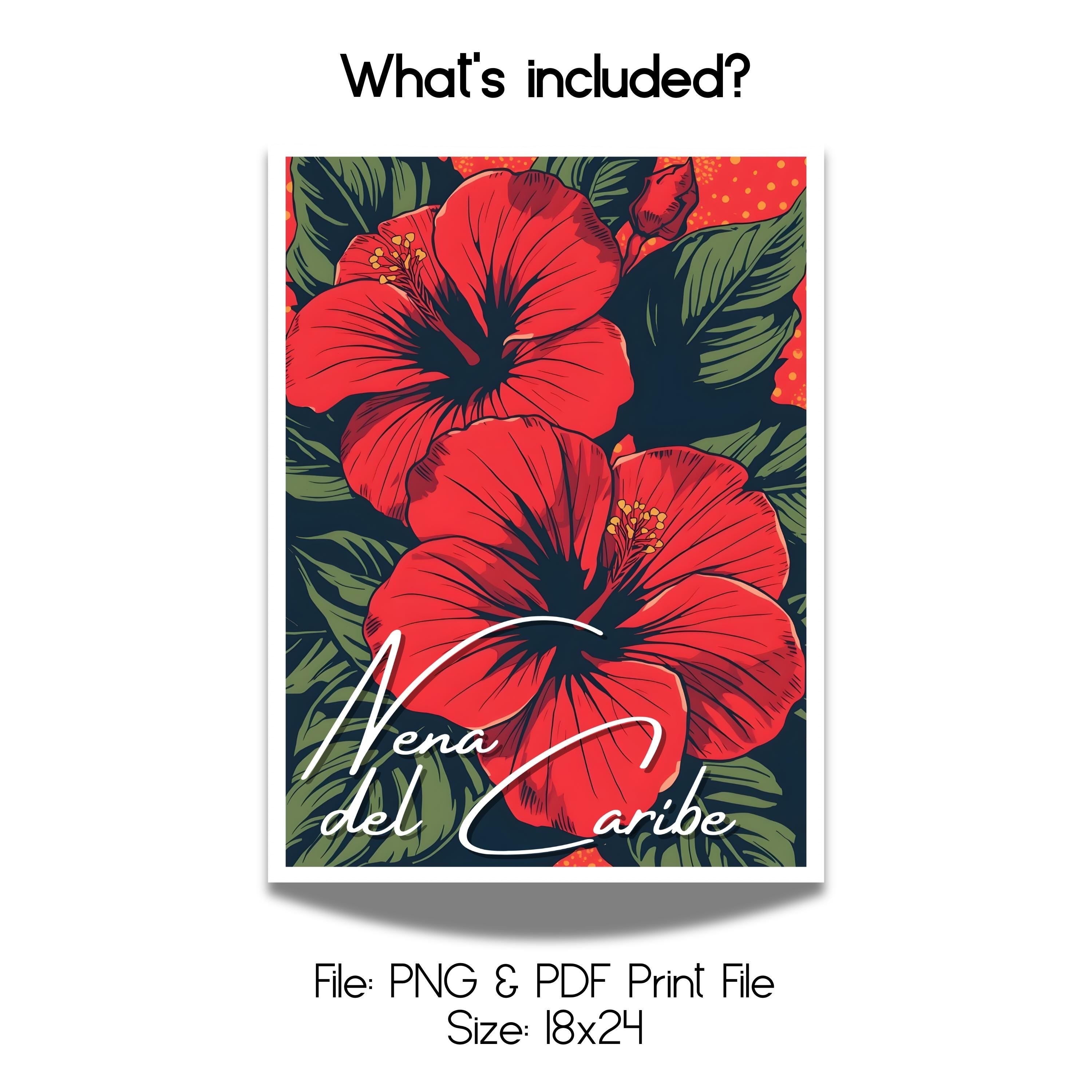 Chévereh Nena del Caribe digital art print featuring two bold crimson hibiscus flowers and lush dark green leaves with white script.