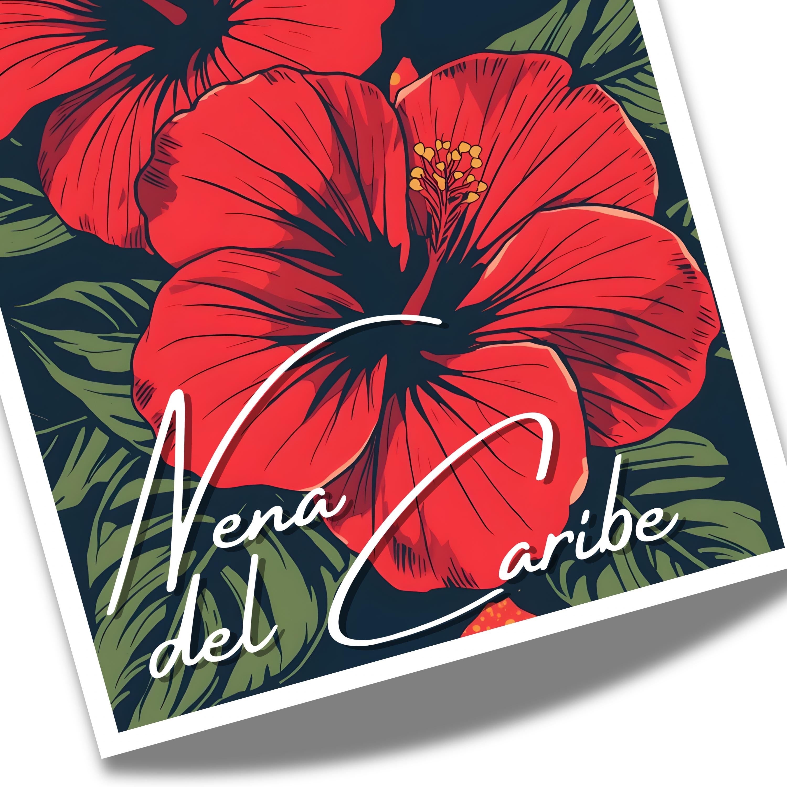 Chévereh Nena del Caribe digital art print featuring two vibrant red hibiscus flowers with lush green leaves and white script.