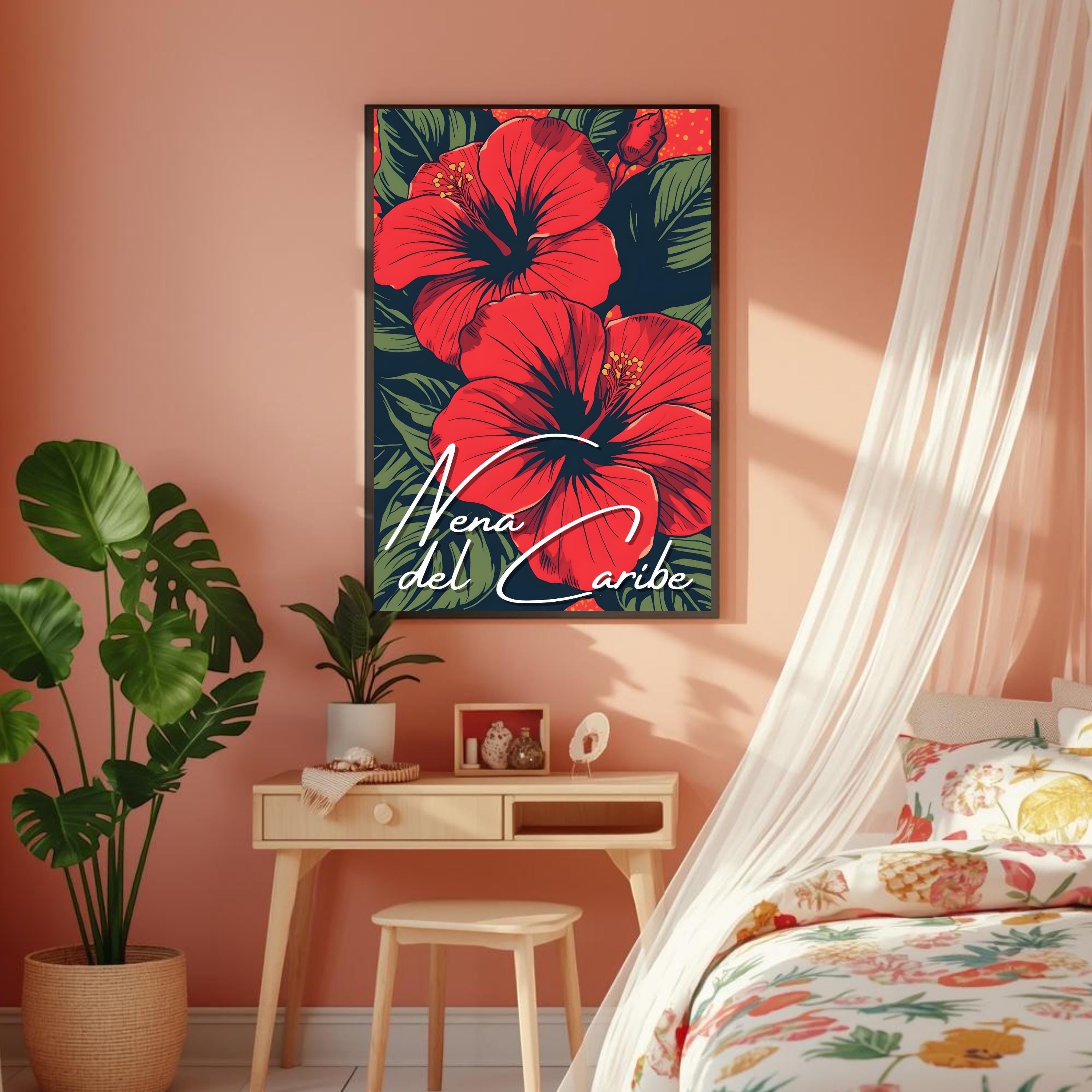 Chévereh Nena del Caribe digital art print featuring two large red maga flowers and dark green leaves with white script.
