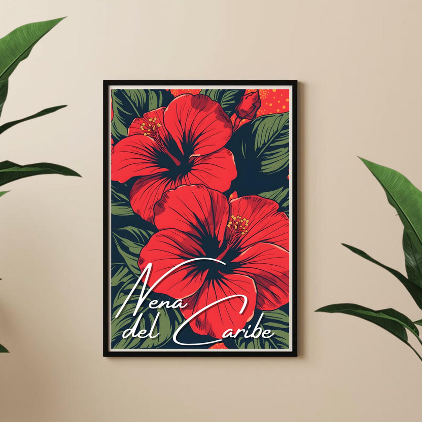 Chévereh Nena del Caribe digital art print featuring two bold crimson maga flowers and lush green leaves.