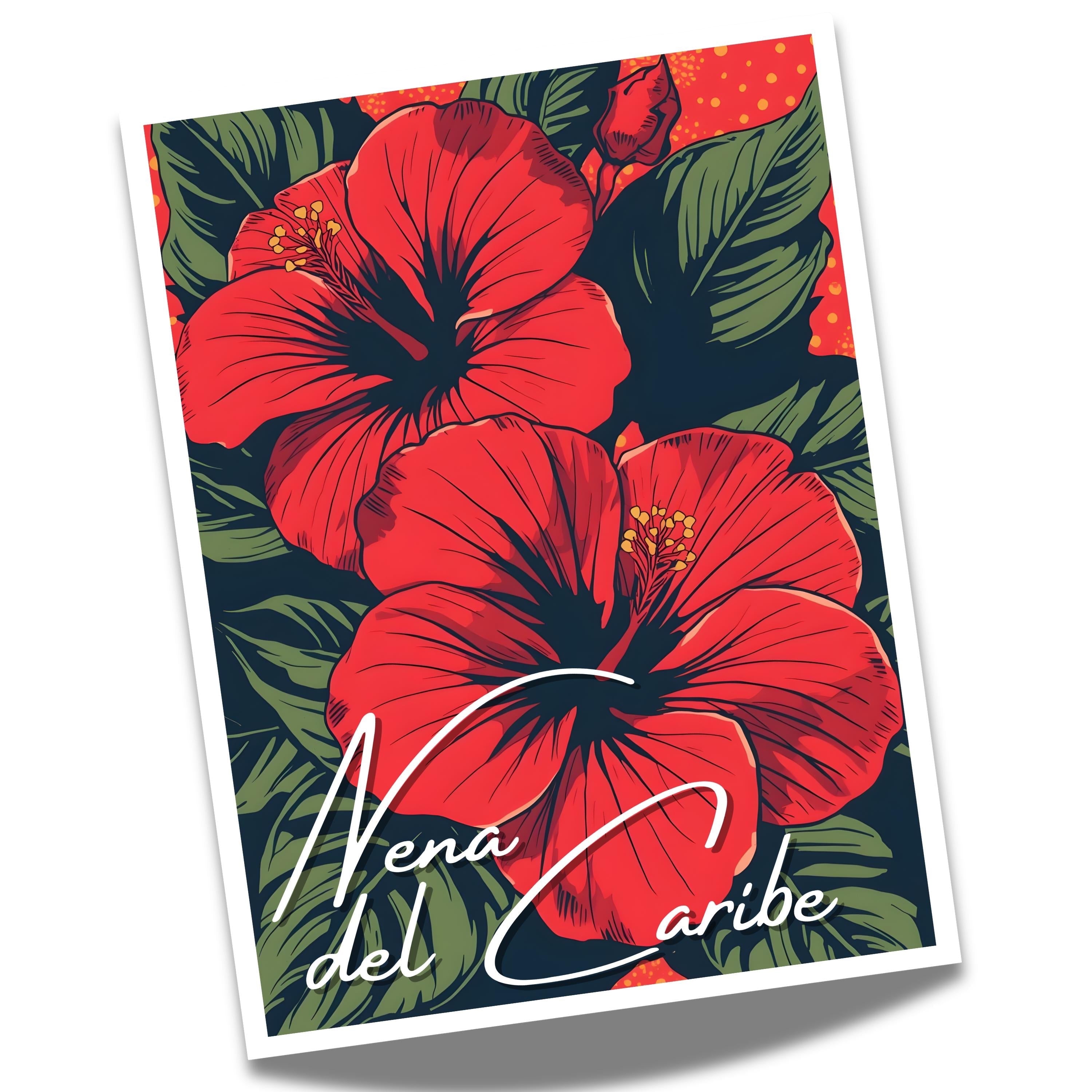 Chévereh Nena del Caribe digital art print featuring two large crimson maga flowers with dark green leaves and white script.