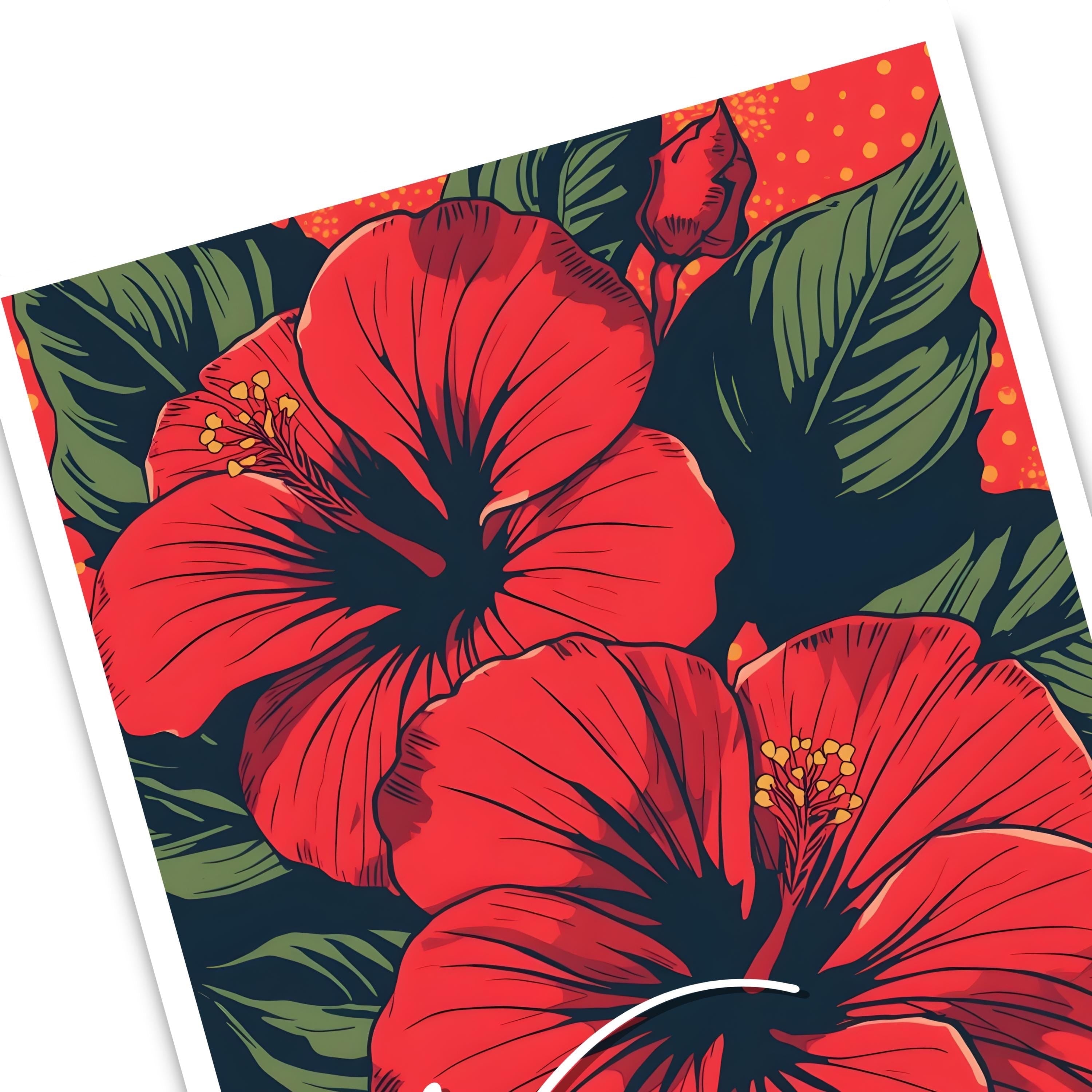 Chévereh Nena del Caribe digital art print featuring two bold crimson maga flowers and lush green leaves.