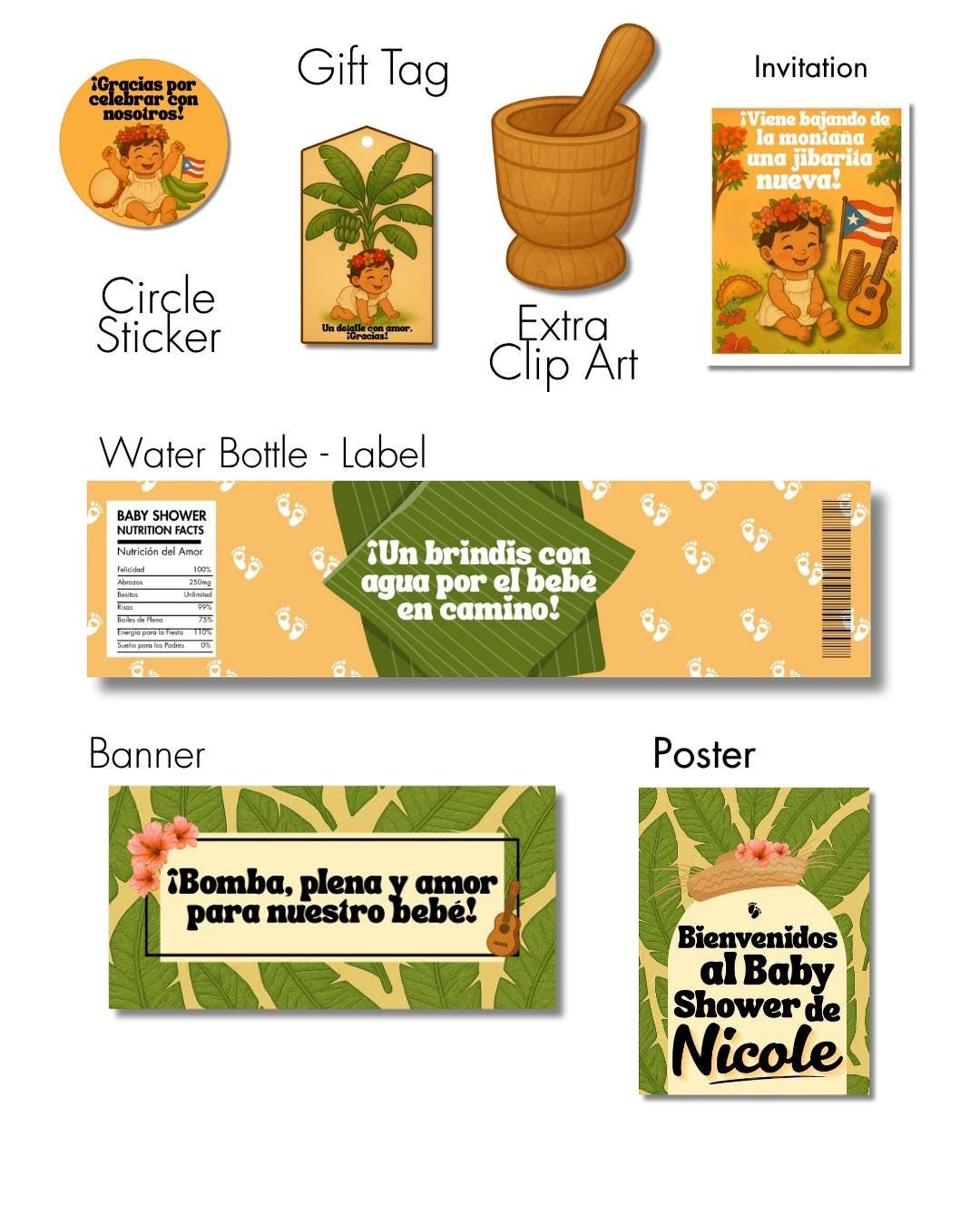 Chévereh 'Nuestra Jibarita' baby shower printable digital set with invitations, stickers, tags, labels, banner, poster, and clip art.