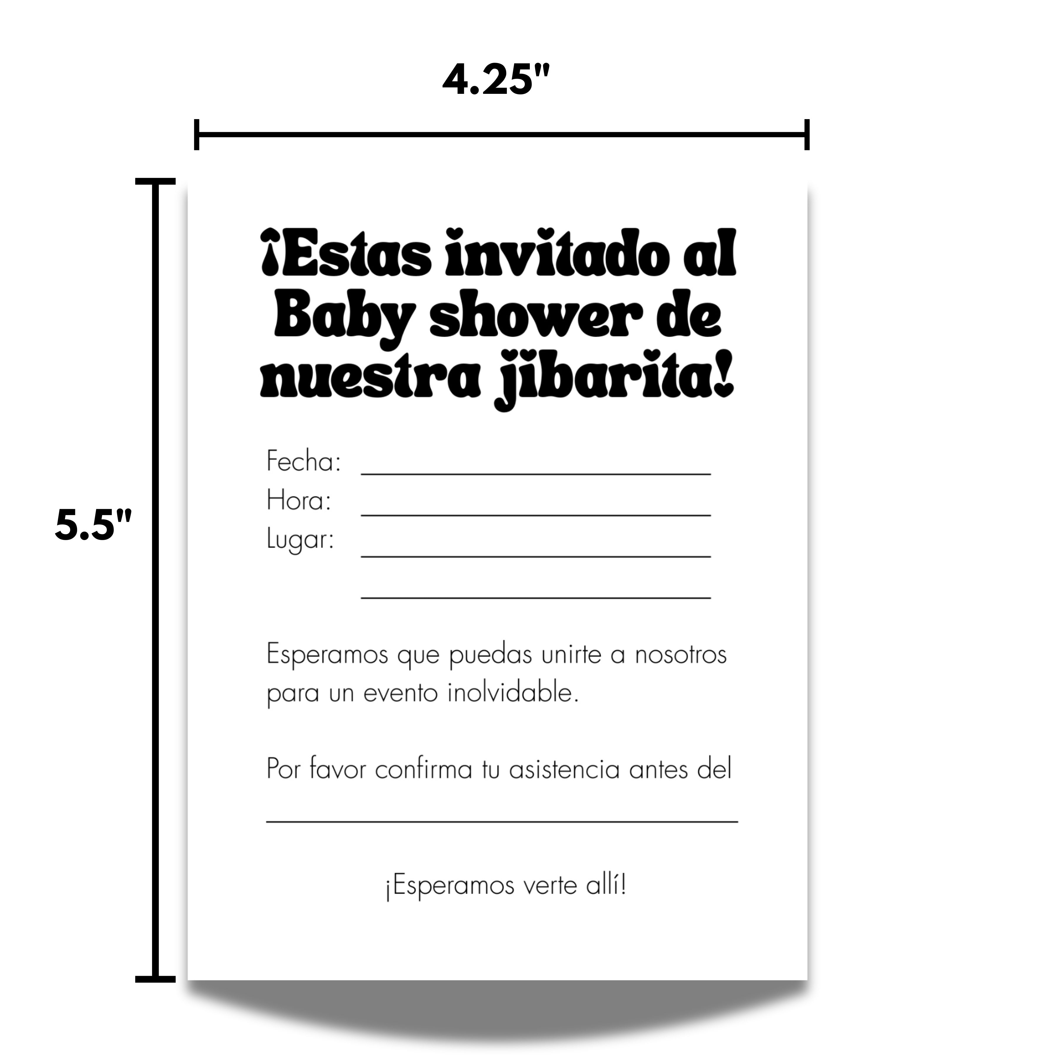 Chévereh 'Nuestra Jibarita' baby shower invitation with space for date, time, and location. Features bold text and a playful font.