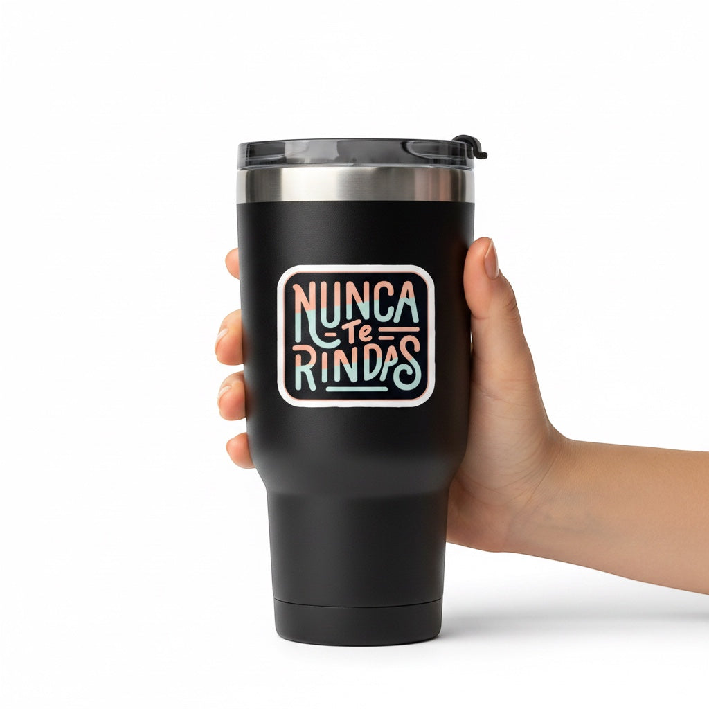 Chévereh waterproof vinyl sticker with pastel typography reading "Nunca Te Rindas" on a dark background, applied to a black tumbler.