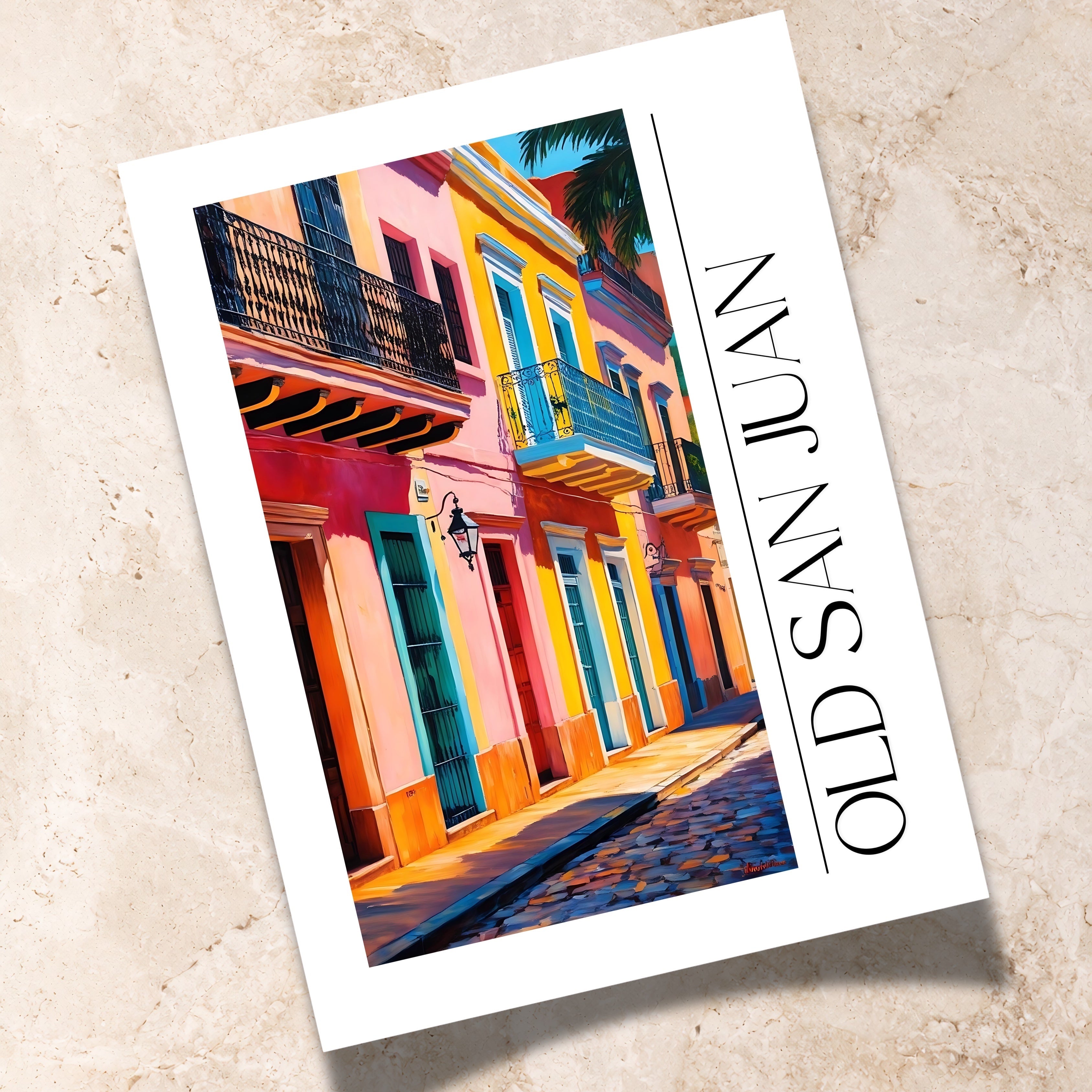 Chévereh Old San Juan digital art print featuring colorful colonial buildings, balconies, and cobblestone streets.