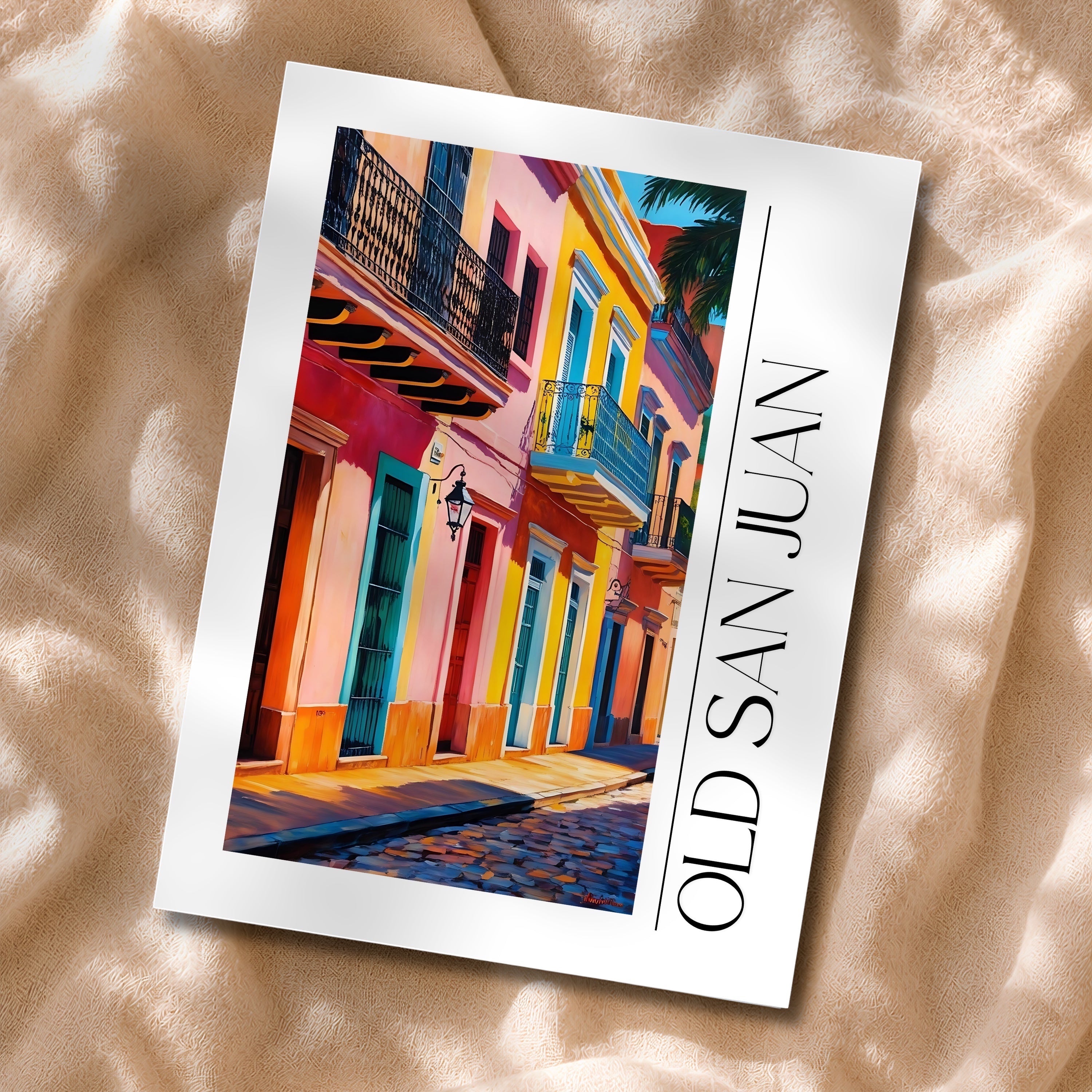 Chévereh Old San Juan digital art print featuring colorful colonial buildings, balconies, and cobblestone streets.