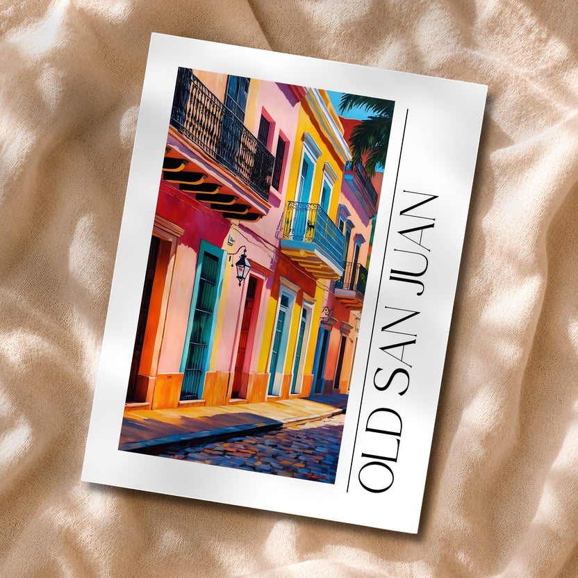 Chévereh Old San Juan digital art print featuring colorful colonial buildings, balconies, and cobblestone streets.