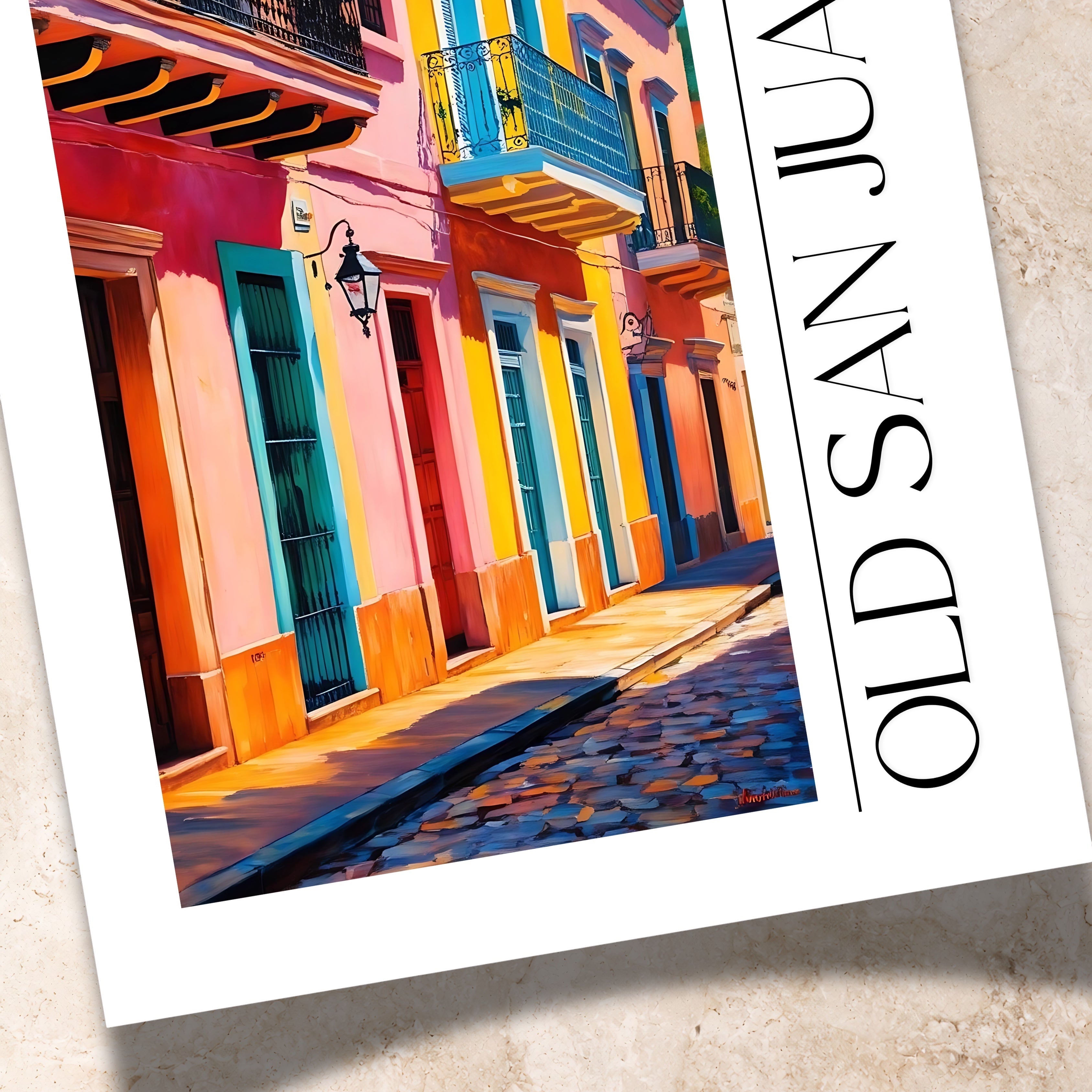 Chévereh Old San Juan digital art print featuring colorful colonial buildings, balconies, and cobblestone streets.