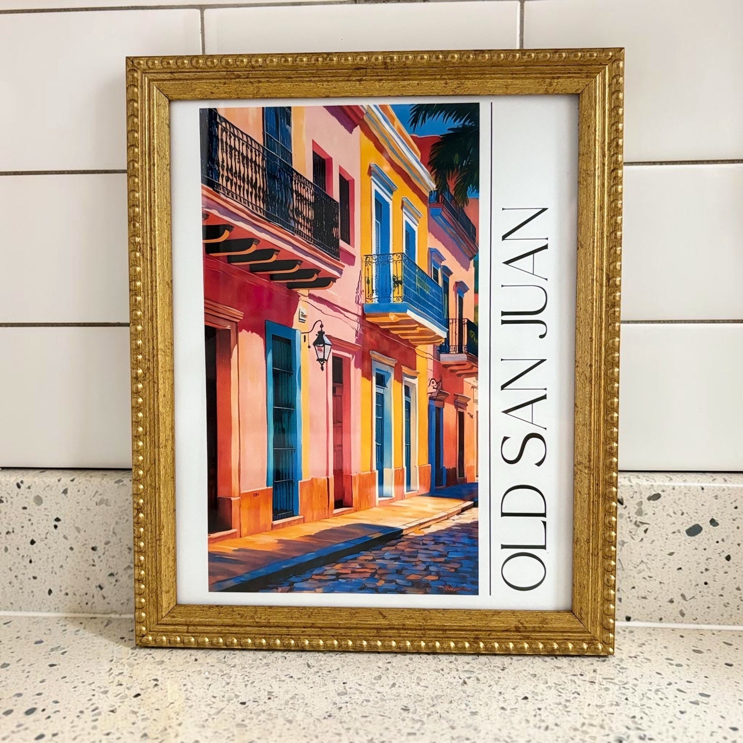 Chévereh Old San Juan digital art print featuring colorful colonial buildings, balconies, and cobblestone streets. 18x24in.