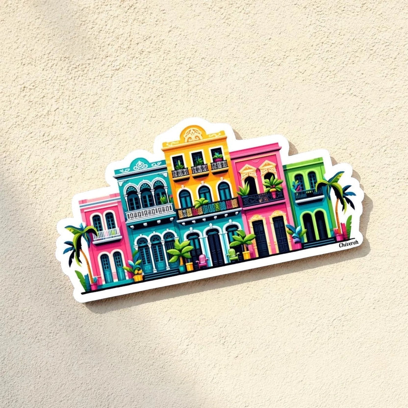 Chévereh Old San Juan Buildings vinyl sticker featuring colorful colonial architecture with balconies and tropical plants.