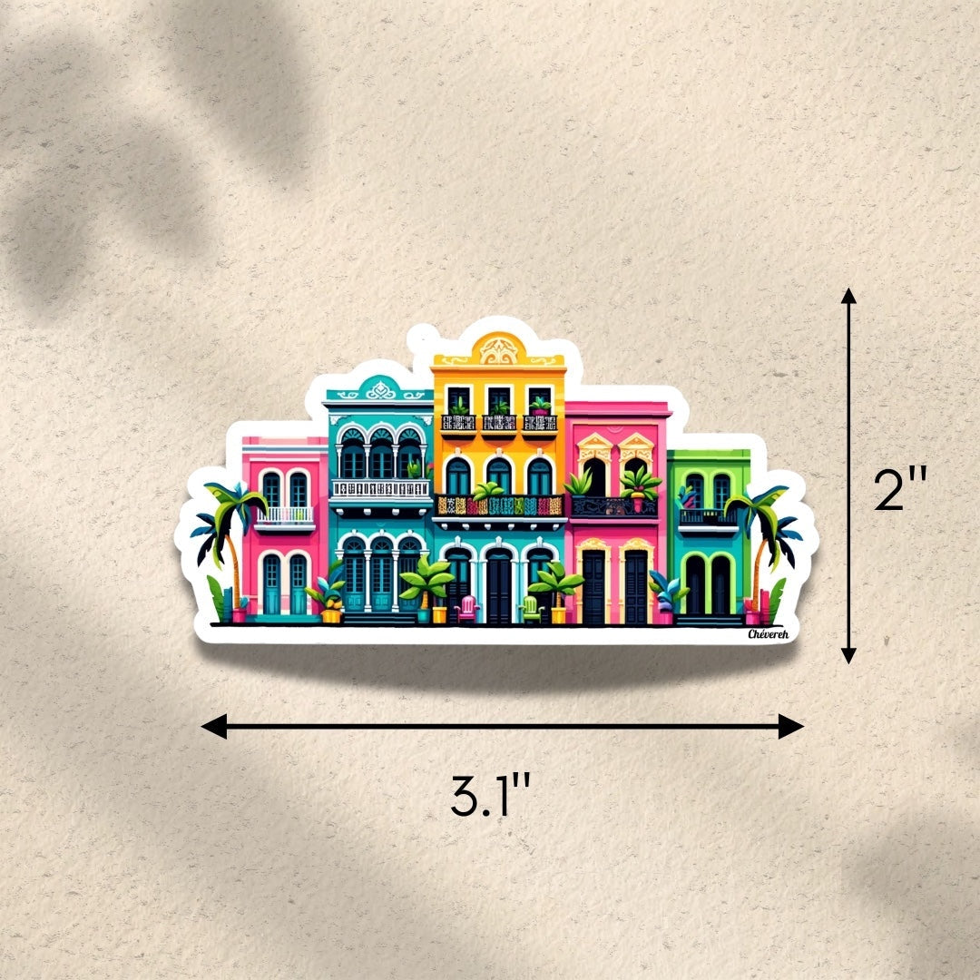 Chévereh sticker featuring colorful colonial buildings with balconies and palm trees, inspired by Old San Juan architecture.