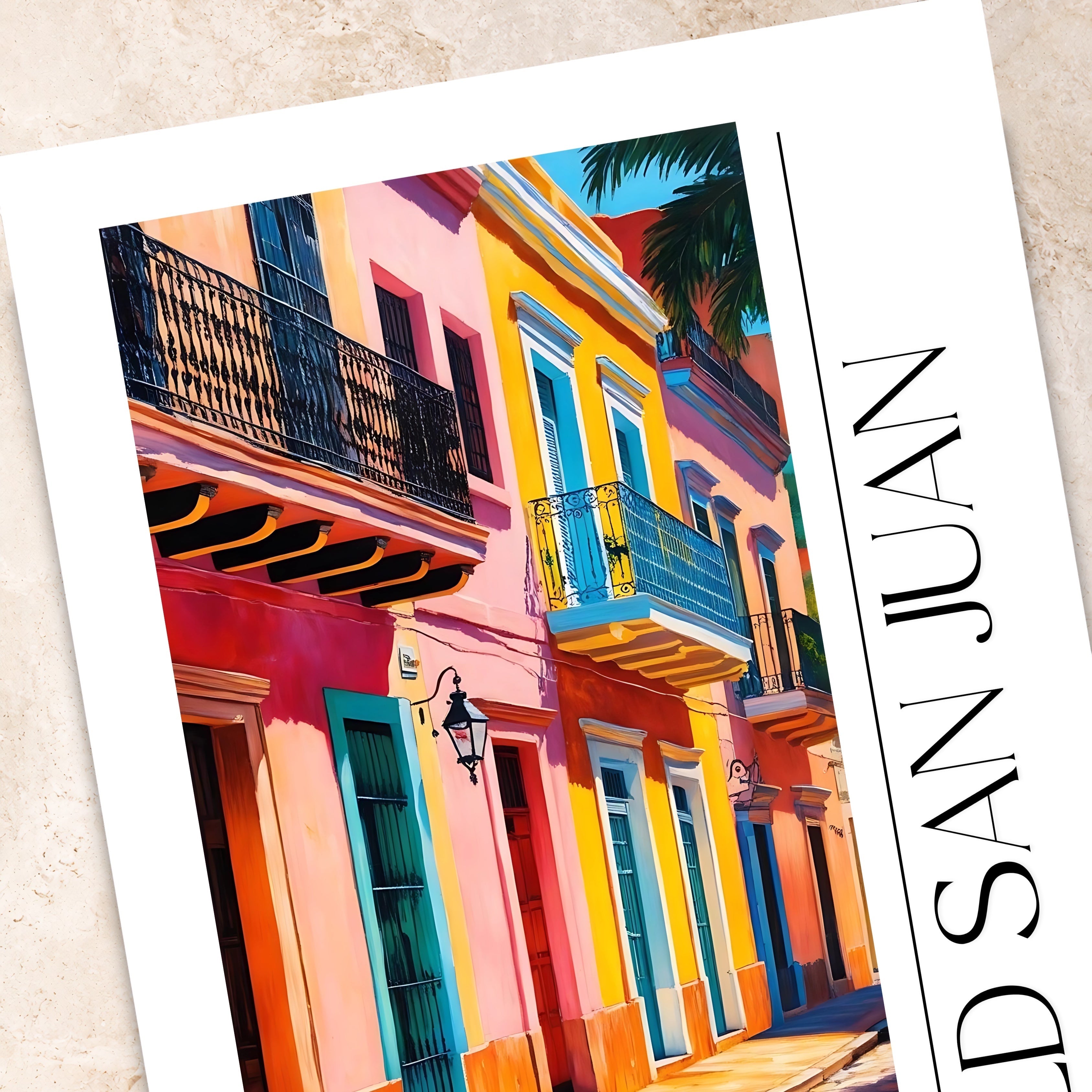 Chévereh Old San Juan digital art print featuring colorful colonial buildings with wrought-iron balconies and cobblestone streets.