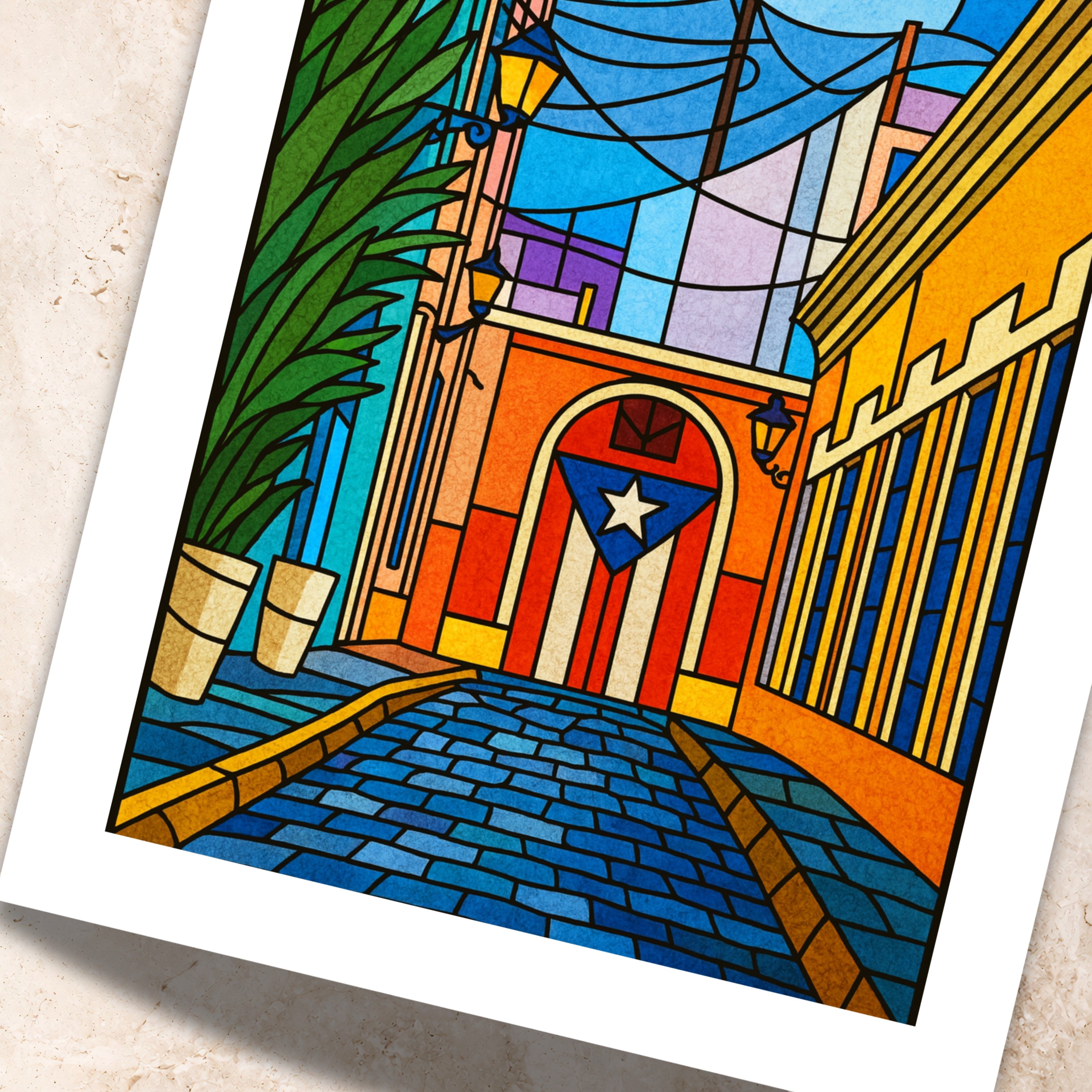 Chévereh digital art print of Old San Juan street with Puerto Rican flag archway, cobblestones, and colorful buildings.