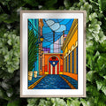 Chévereh Digital art print of Old San Juan street with Puerto Rican flag archway, stained glass style, vibrant colors.