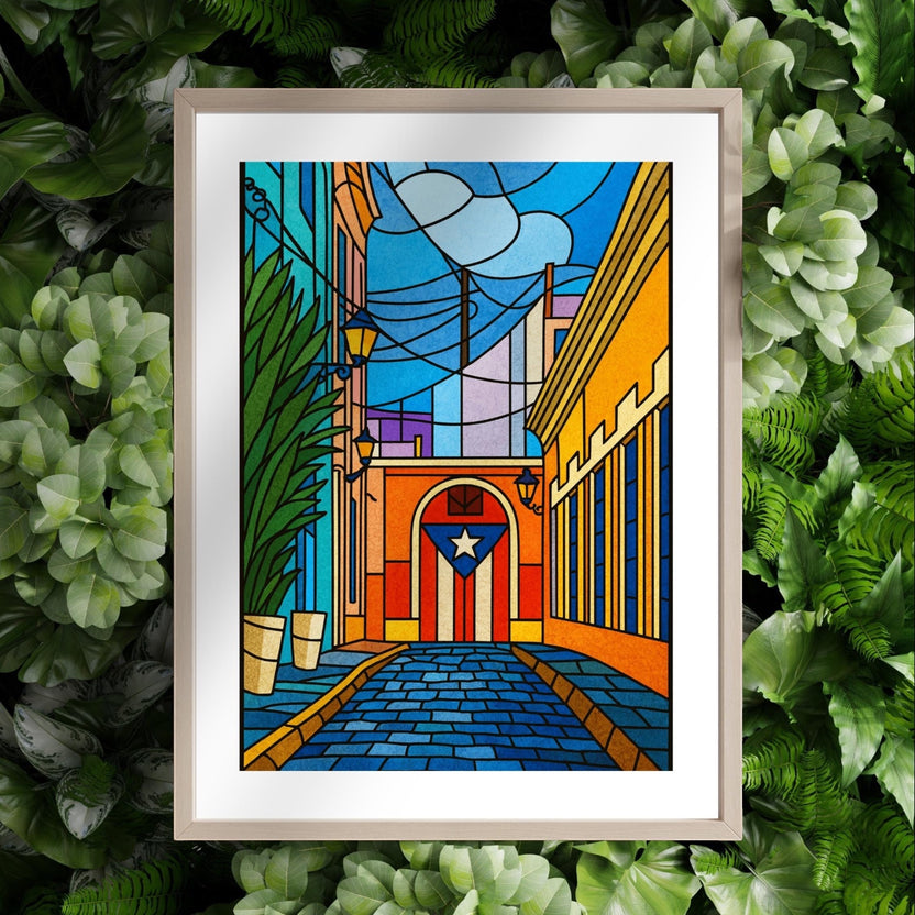 Chévereh Digital art print of Old San Juan street with Puerto Rican flag archway, stained glass style, vibrant colors.