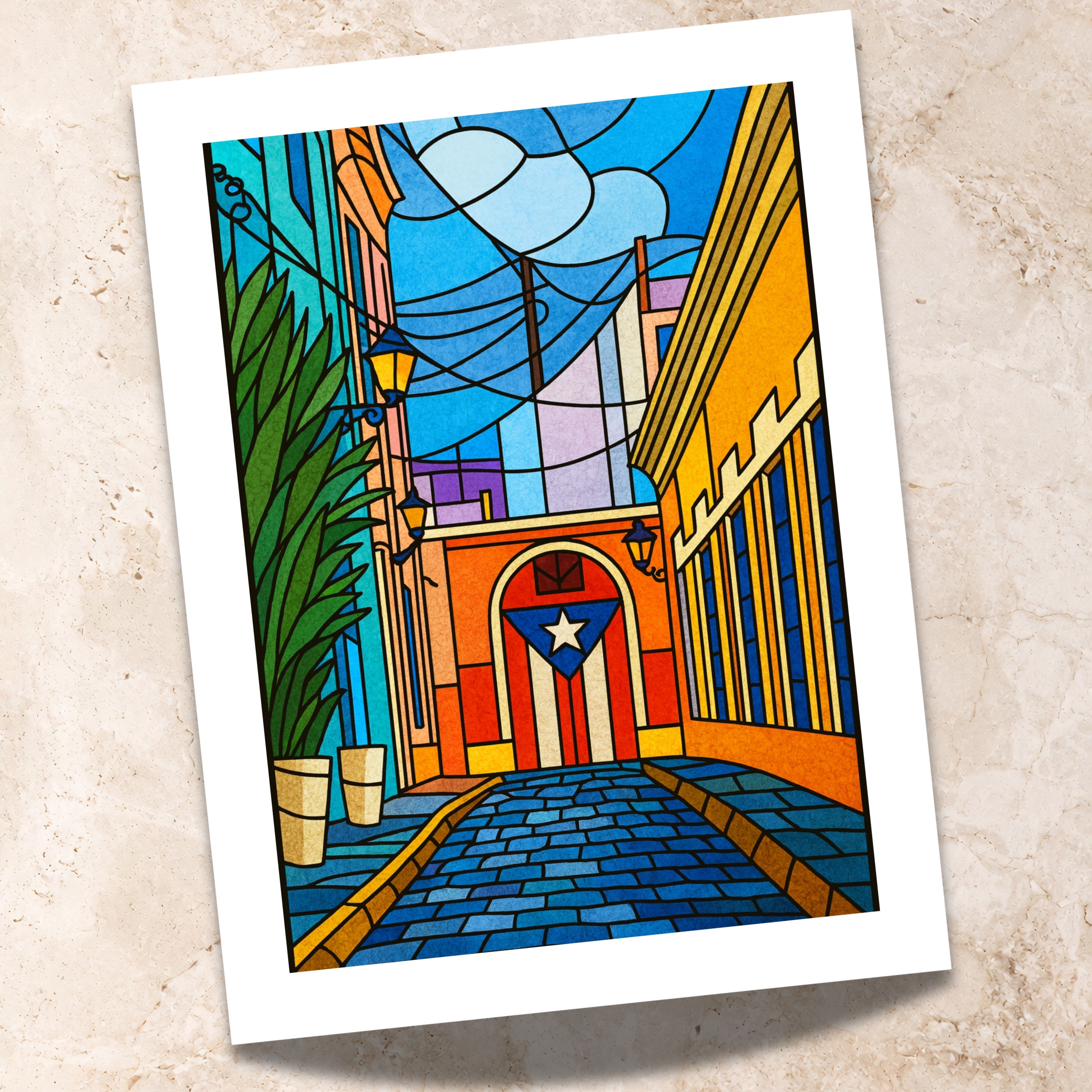 Chévereh digital art print of a colorful Old San Juan street with Puerto Rican flag archway and stained-glass style.