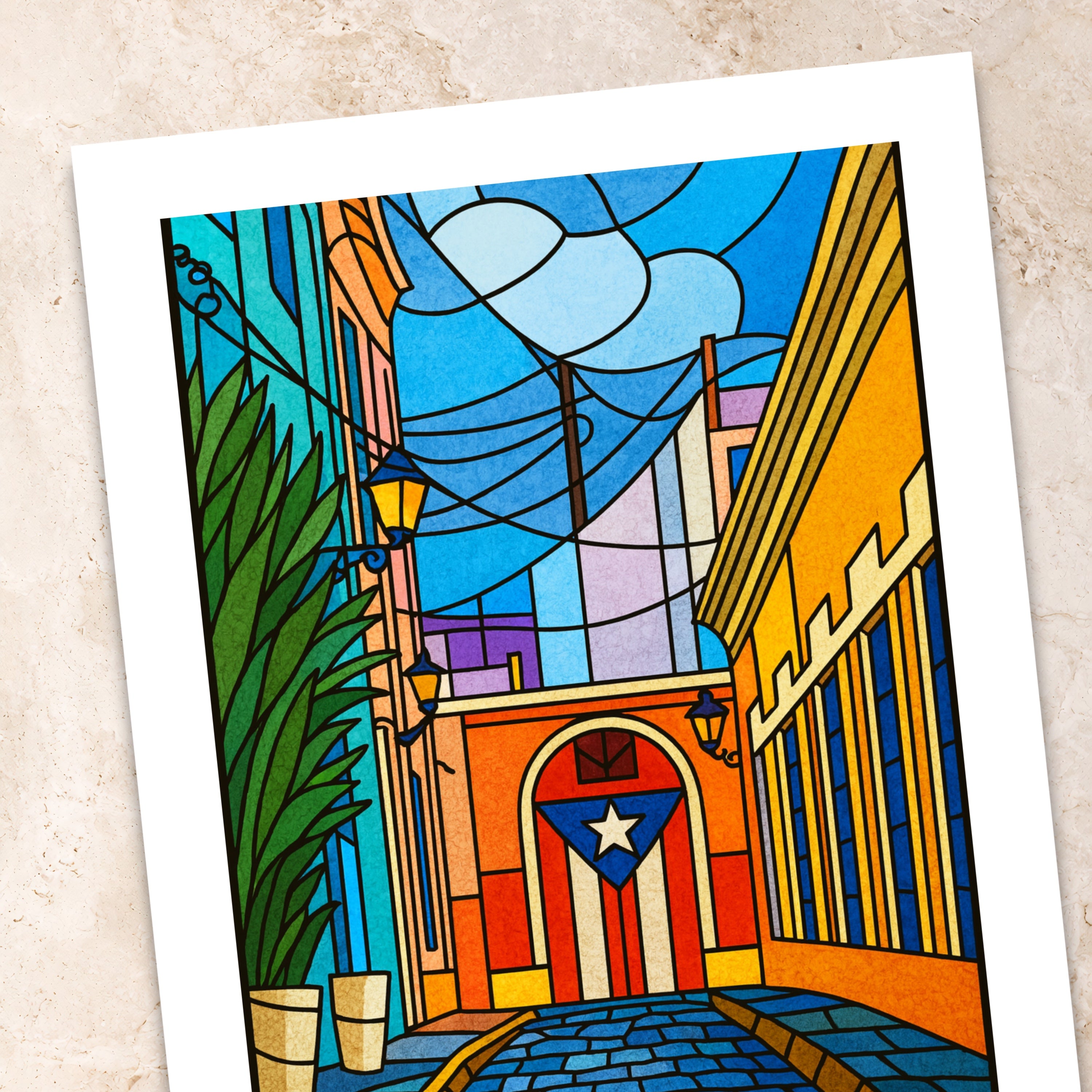 Chévereh digital art print of a colorful Old San Juan street with Puerto Rican flag archway and stained-glass style.
