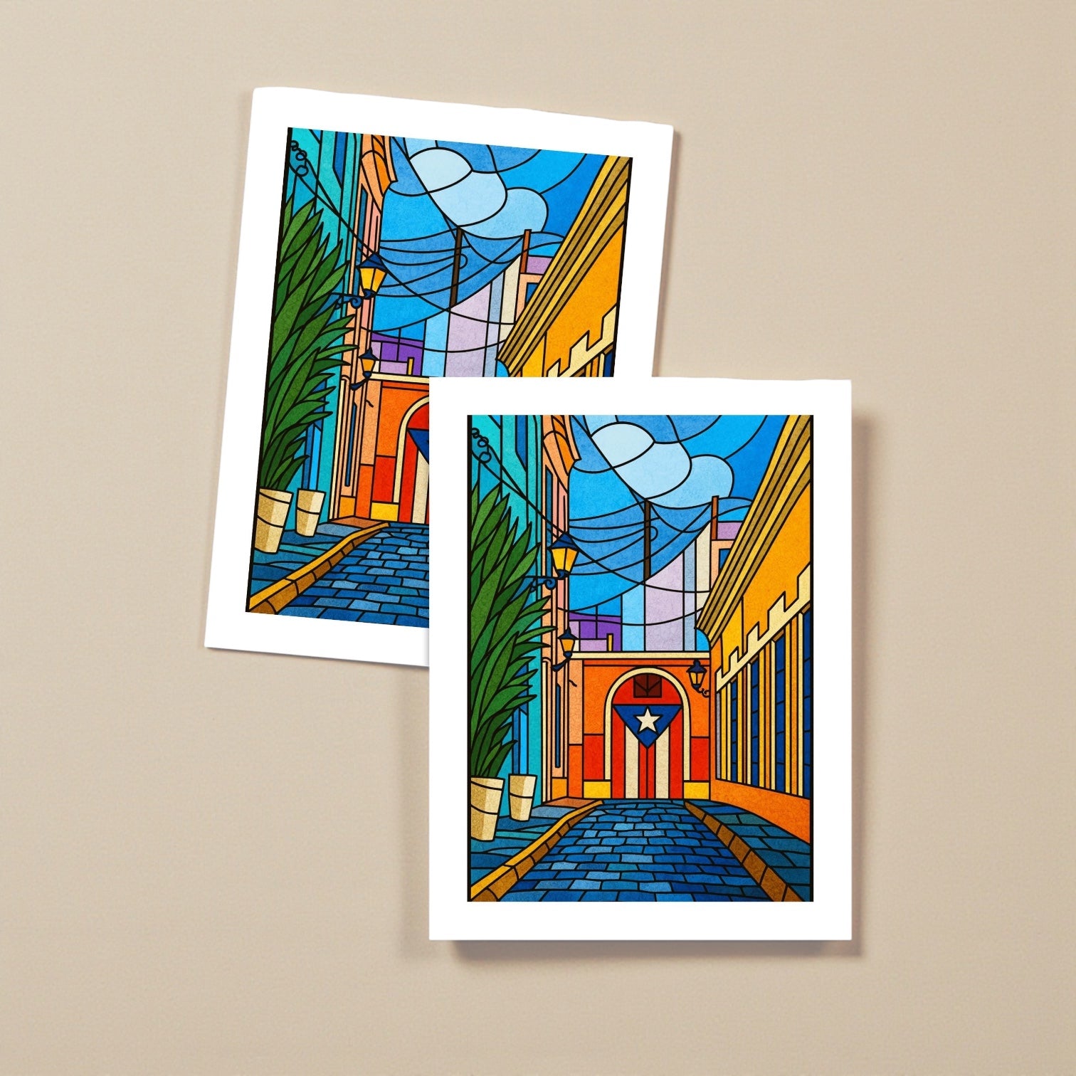 Chévereh Digital art print of a colorful Old San Juan street with cobblestones, colonial buildings, and Puerto Rican flag.
