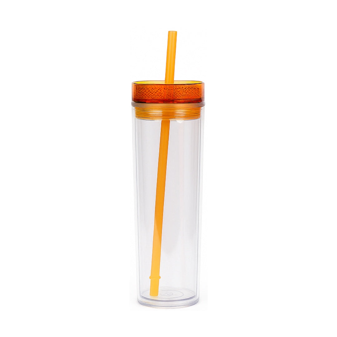 Chévereh orange skinny tumbler with straw, 16oz double-walled acrylic, BPA-free, splash-proof lid.