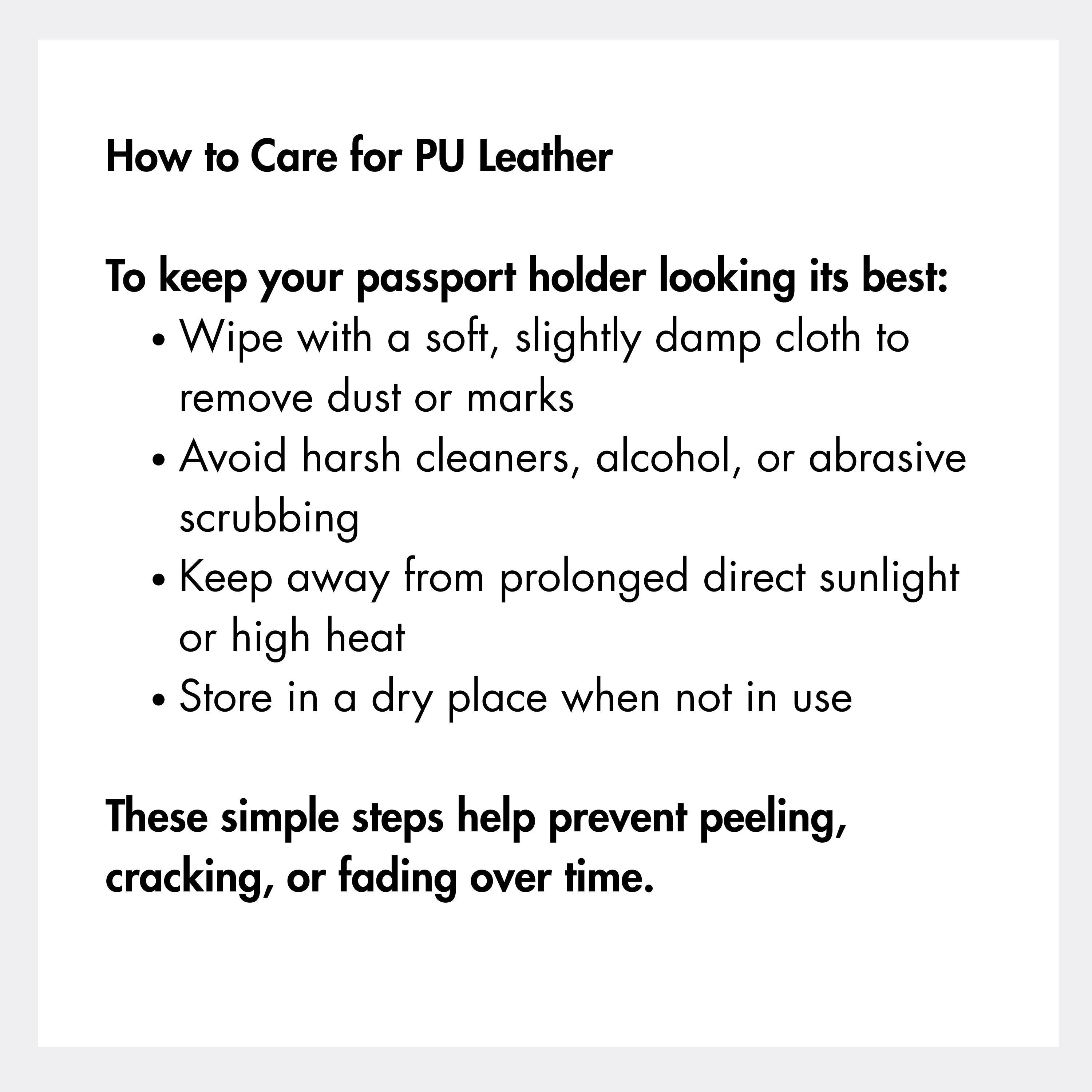 Chévereh PU leather passport holder care instructions guide for maintaining material quality and durability.