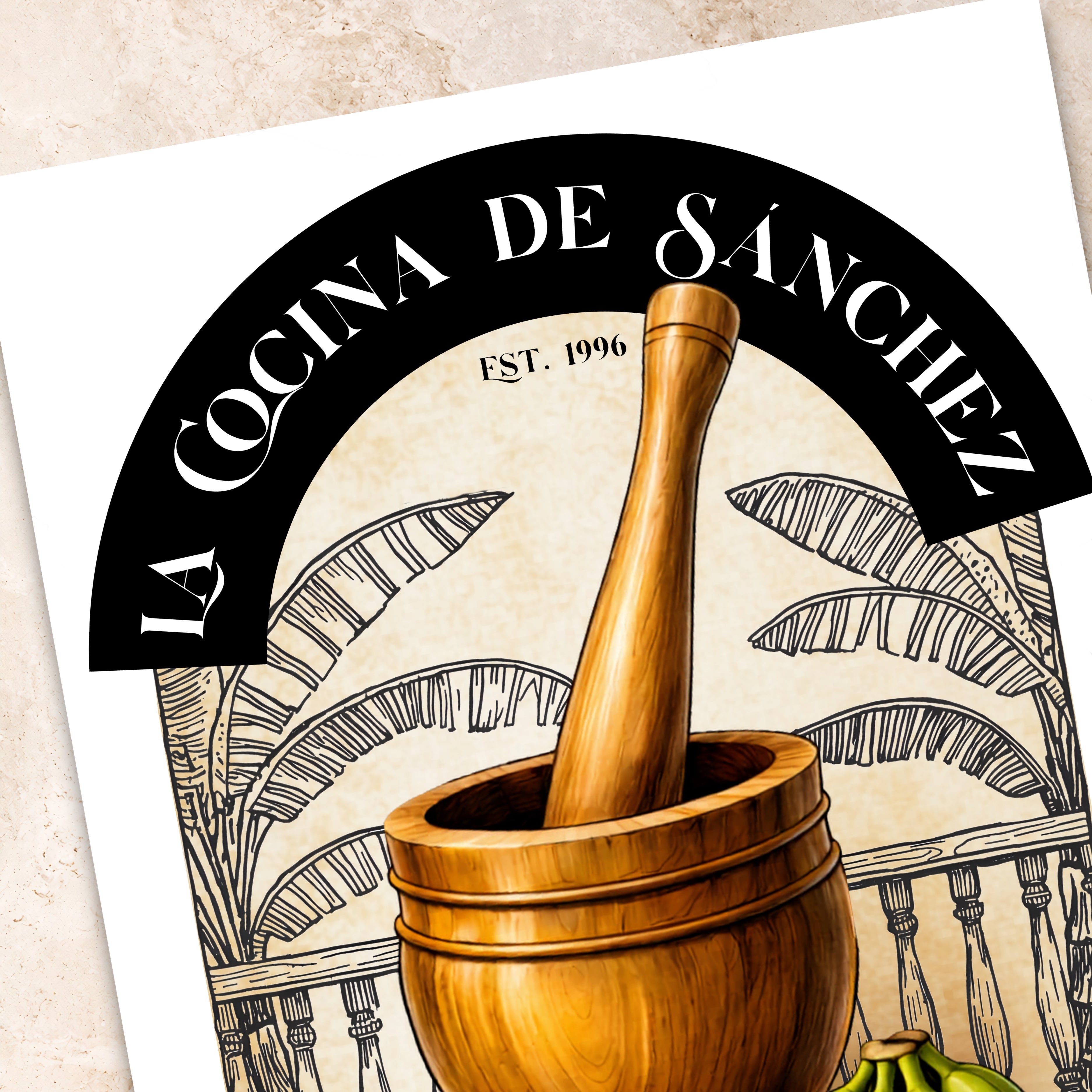 Chévereh Pilón Personalized Kitchen Art digital print featuring a wooden pilón, banana leaves, and plantains. Customizable with name and year.