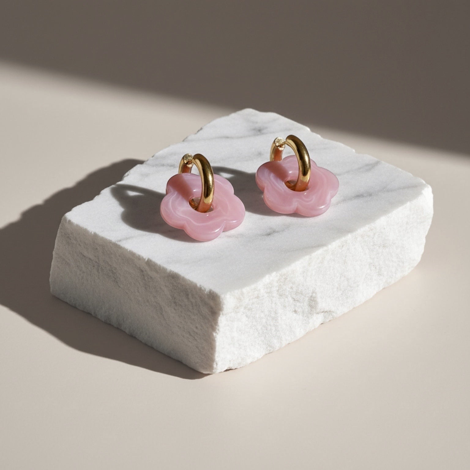 Chévereh Pink Bloom & Gold Flower Drop Style Earrings with gold hoops and translucent pink flower charms.