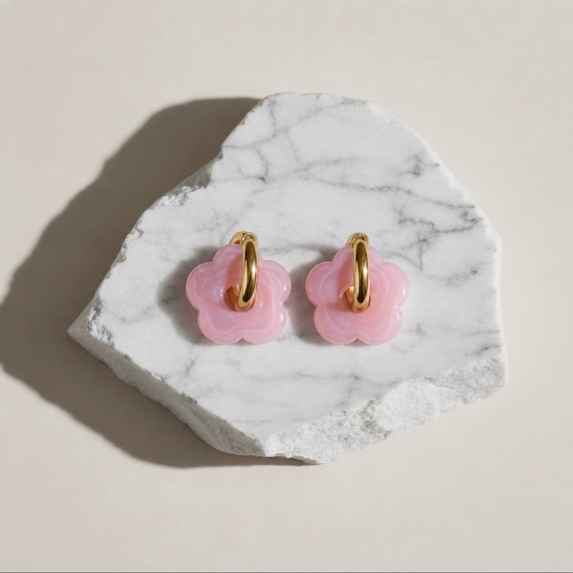 Chévereh Pink Bloom & Gold flower drop style earrings with gold hoops and translucent pink flower charms.