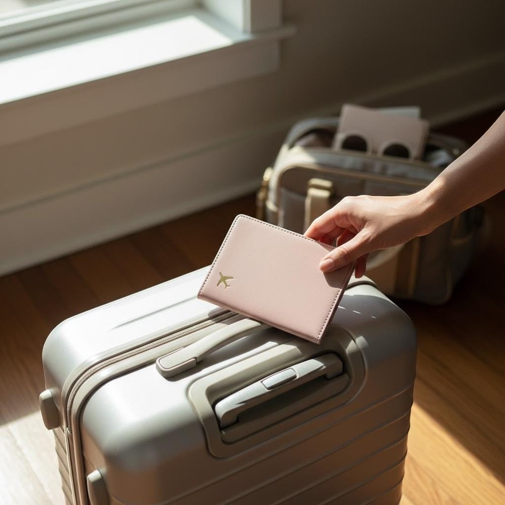 Chévereh pink PU leather passport holder with gold airplane emblem on a suitcase for travel organization