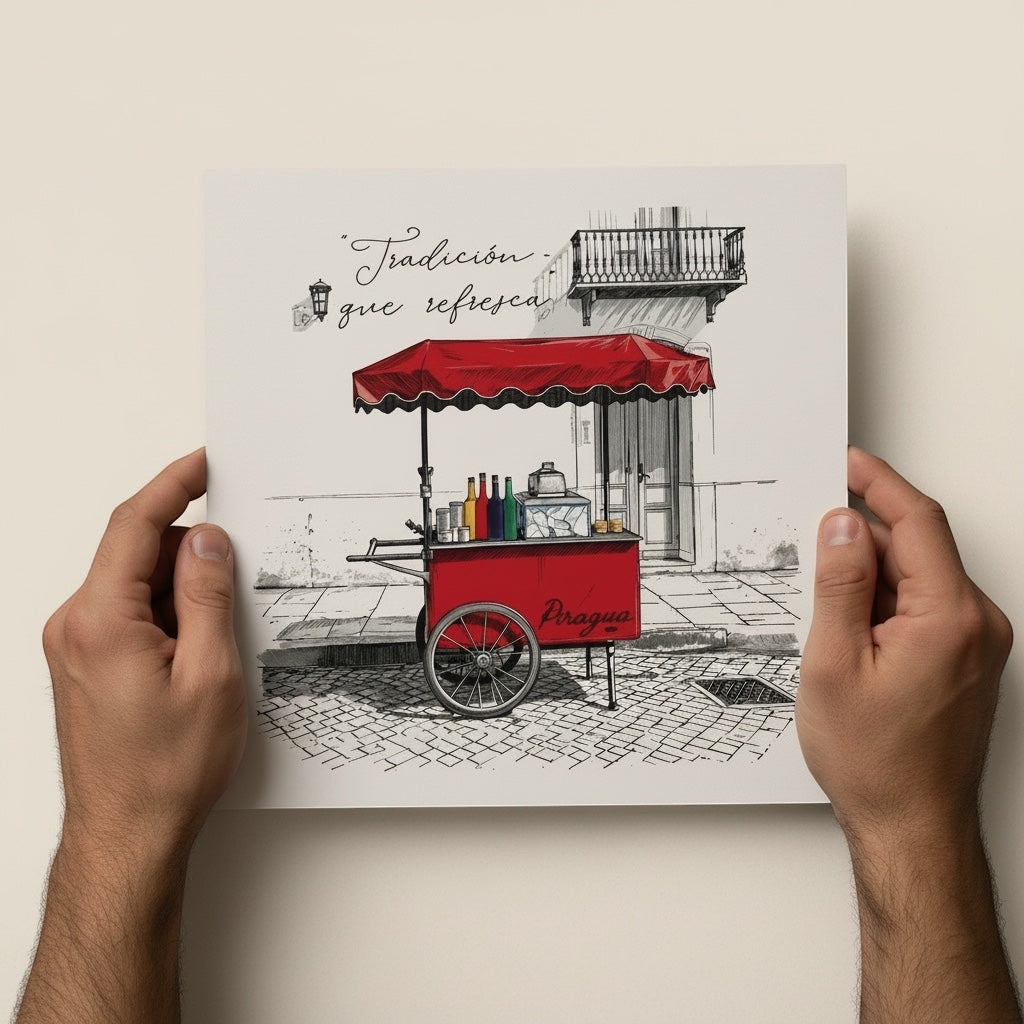 Chévereh Piragua cart illustration with red canopy and colorful syrup bottles, street scene.
