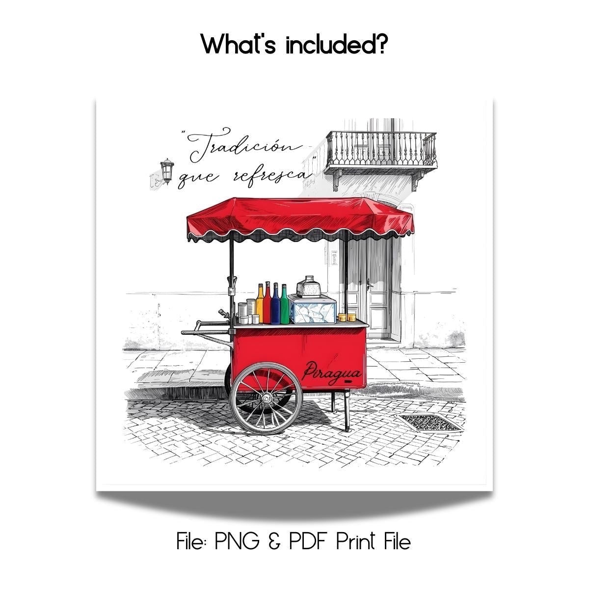Chévereh digital art print of a red piragua cart with colorful syrup bottles and a red canopy on a cobblestone street.