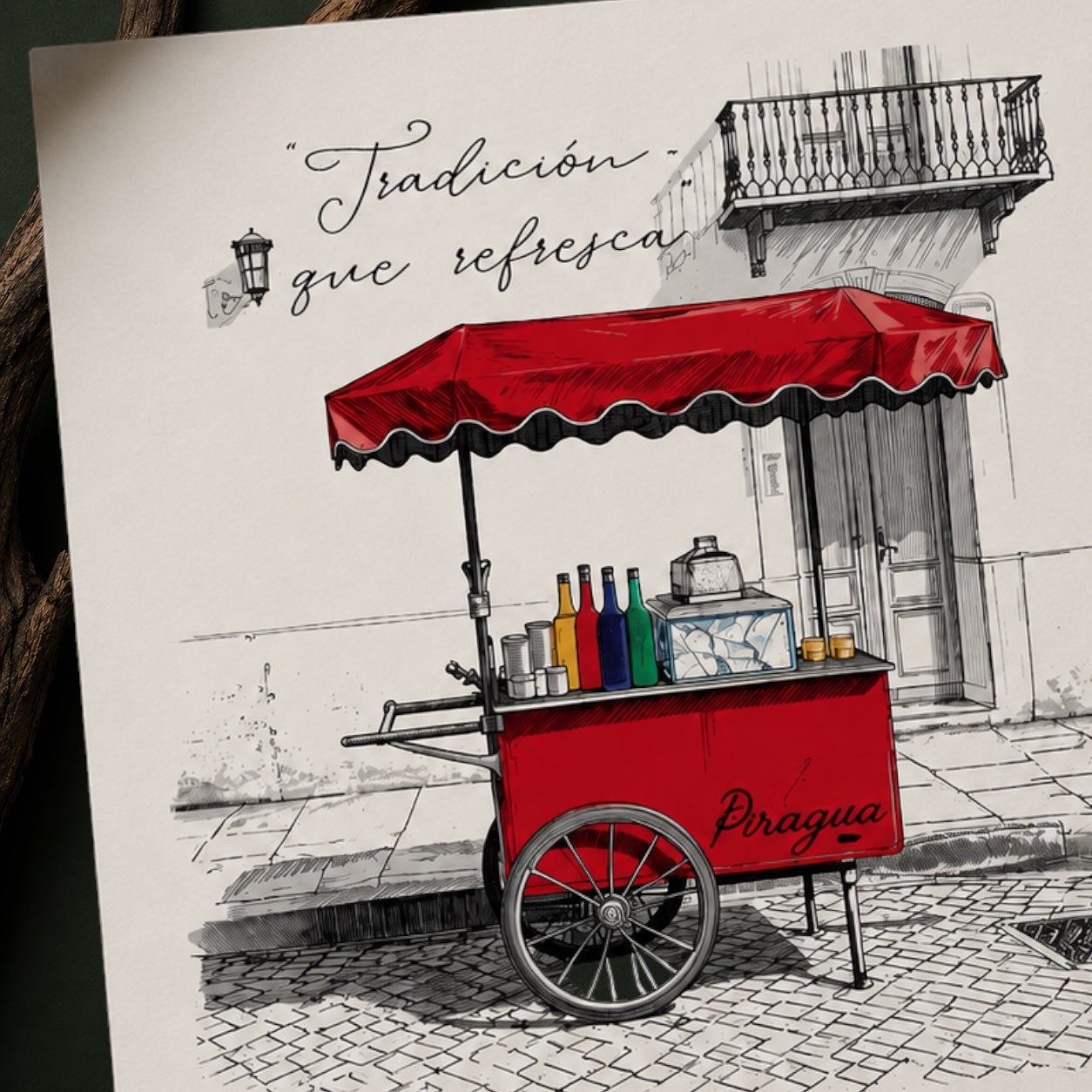 Chévereh digital art print of a red piragua cart with colorful syrup bottles and a red canopy, street scene.