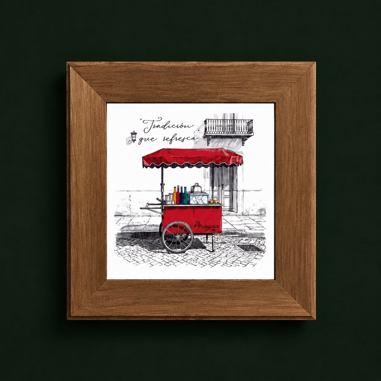 Chévereh Piragua cart illustration with red canopy, colorful syrup bottles, and ice. Features Spanish text "Tradición que refresca".
