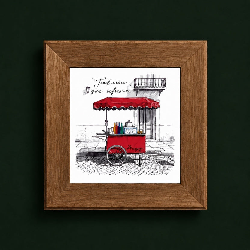 Chévereh Piragua cart illustration with red canopy, colorful syrup bottles, and ice. Features Spanish text "Tradición que refresca".