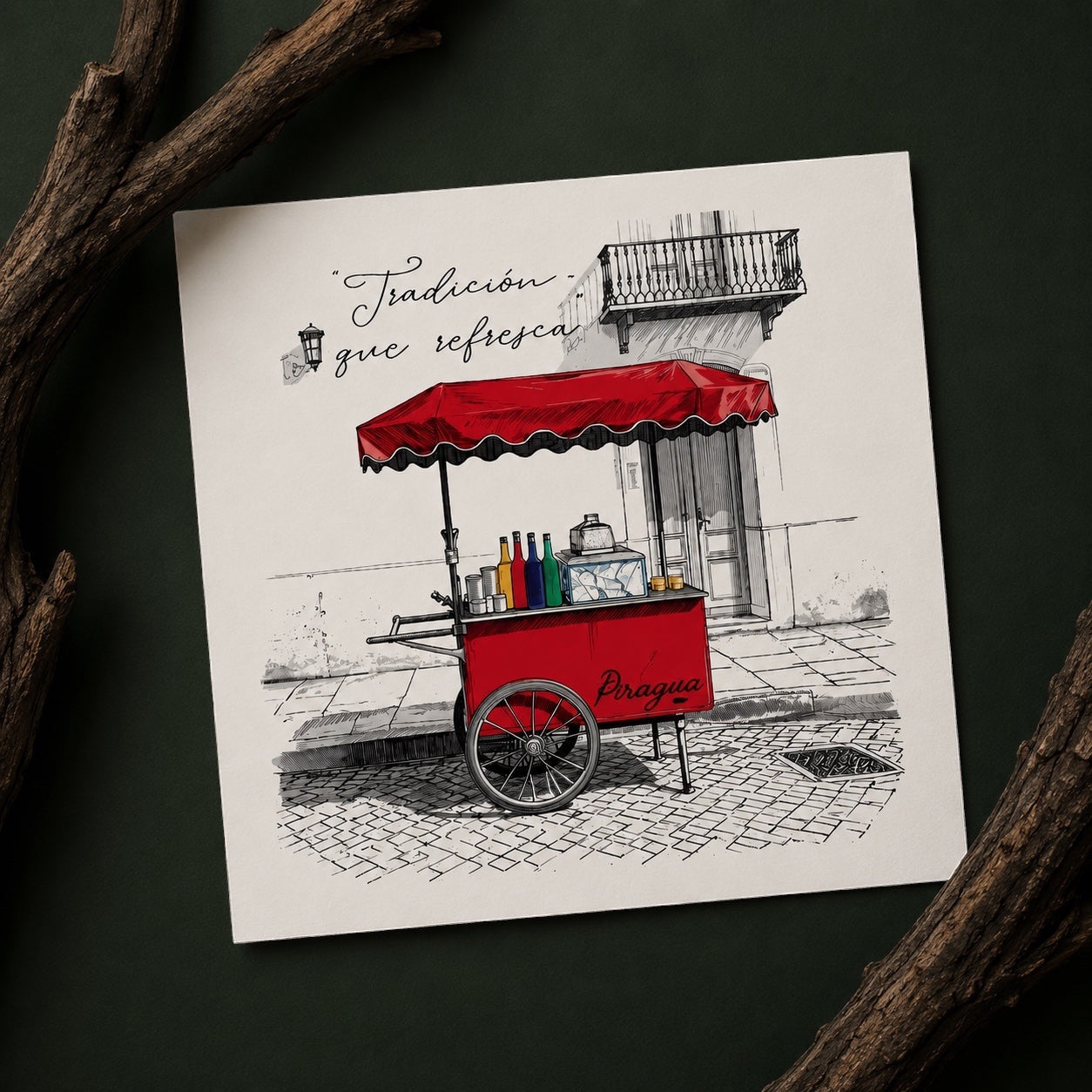 Chévereh Piragua cart digital art print with red canopy and colorful syrup bottles. Features street scene.