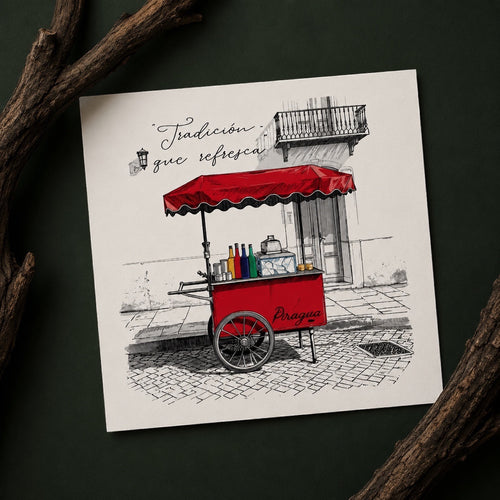 Chévereh Piragua cart digital art print with red canopy and colorful syrup bottles. Features street scene.