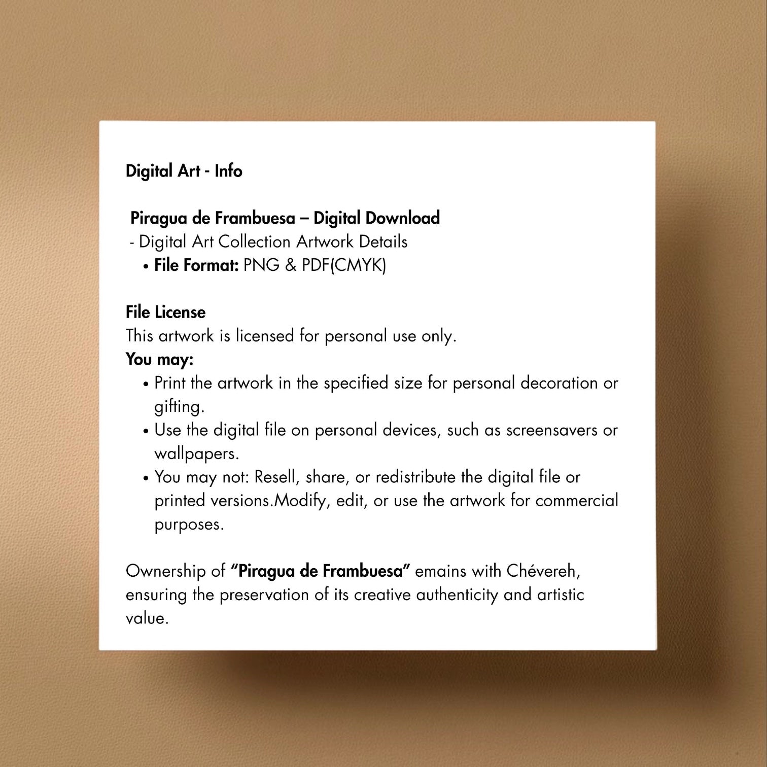 Chévereh Eres Mi Piragua digital postcard info sheet detailing file formats and personal use license terms.