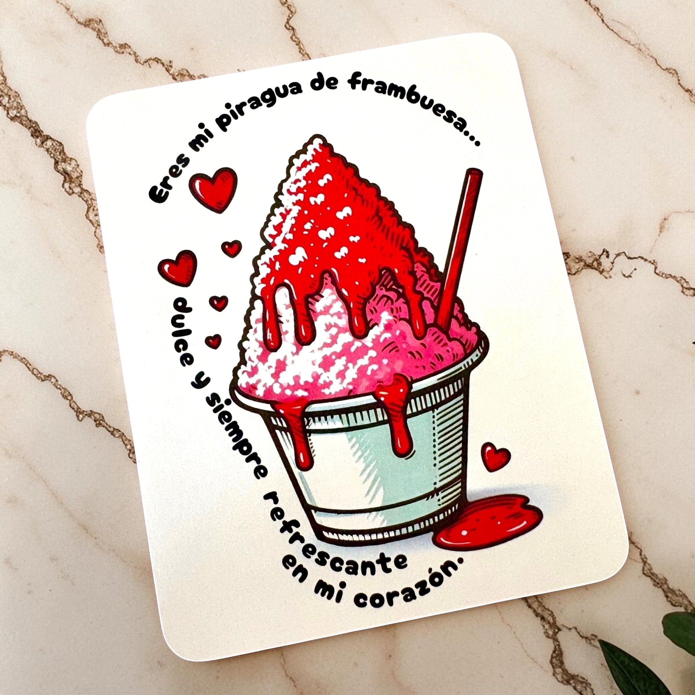 Chévereh 5x7 postcard featuring a raspberry piragua illustration with hearts and romantic Spanish text.